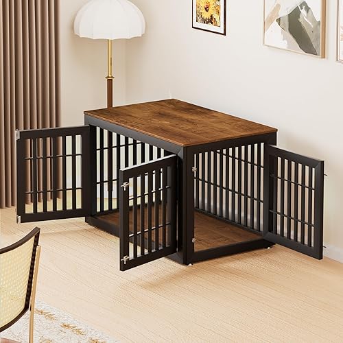 Miniatura 7 de Mueble resistente de 48 pulgadas para perros pequeños, medianos y grandes, jaula de madera rústica para perros, muebles de interior con parte