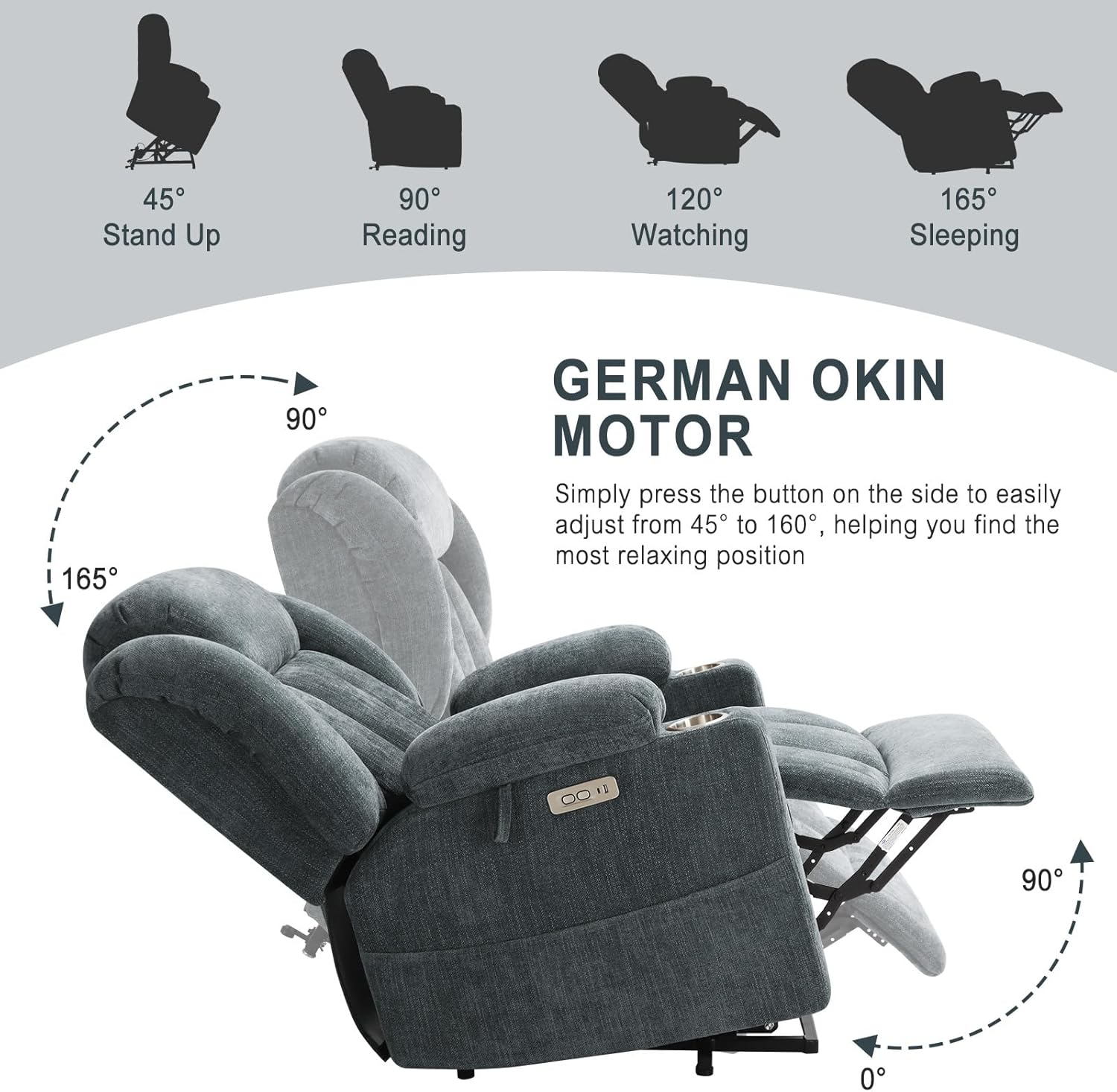 Large Power Lift Recliner Chair for Elderly with Massage & Lumbar Heating, Lay Flat Chenille Living Room Chair with USB Type-C Cup Holders, 400 LBS Support Blue