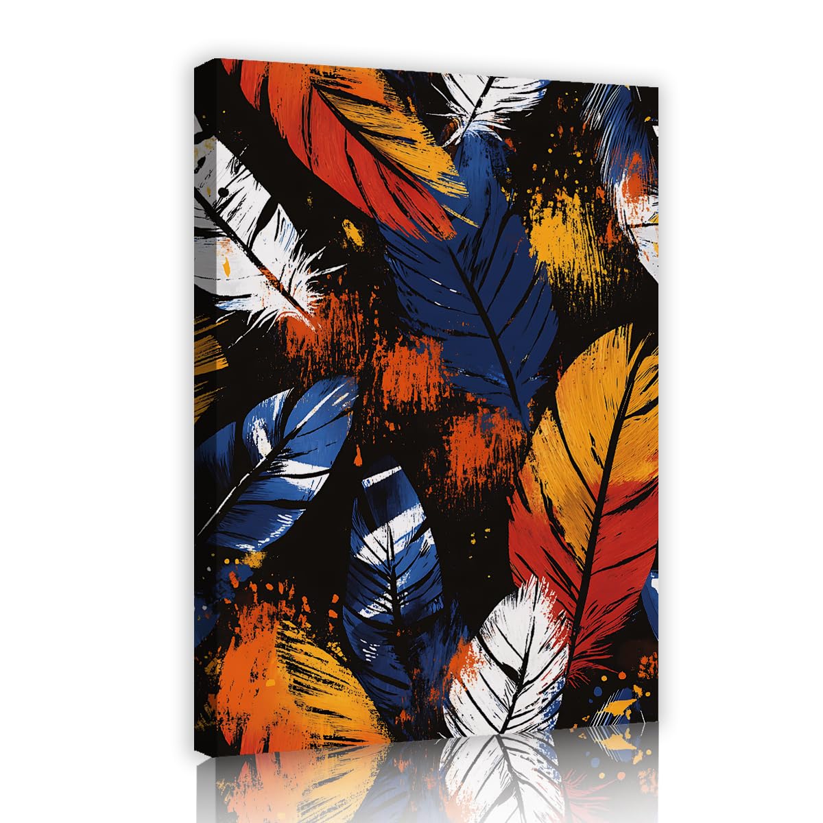 Via Vela Abstract Feather Framed Canvas Wall Art Tribal Indian Style Colorful Plume Picture Navy Blue Orange Poster Artworks For Game Room Dorm Man Cave Lounge 50x75cm