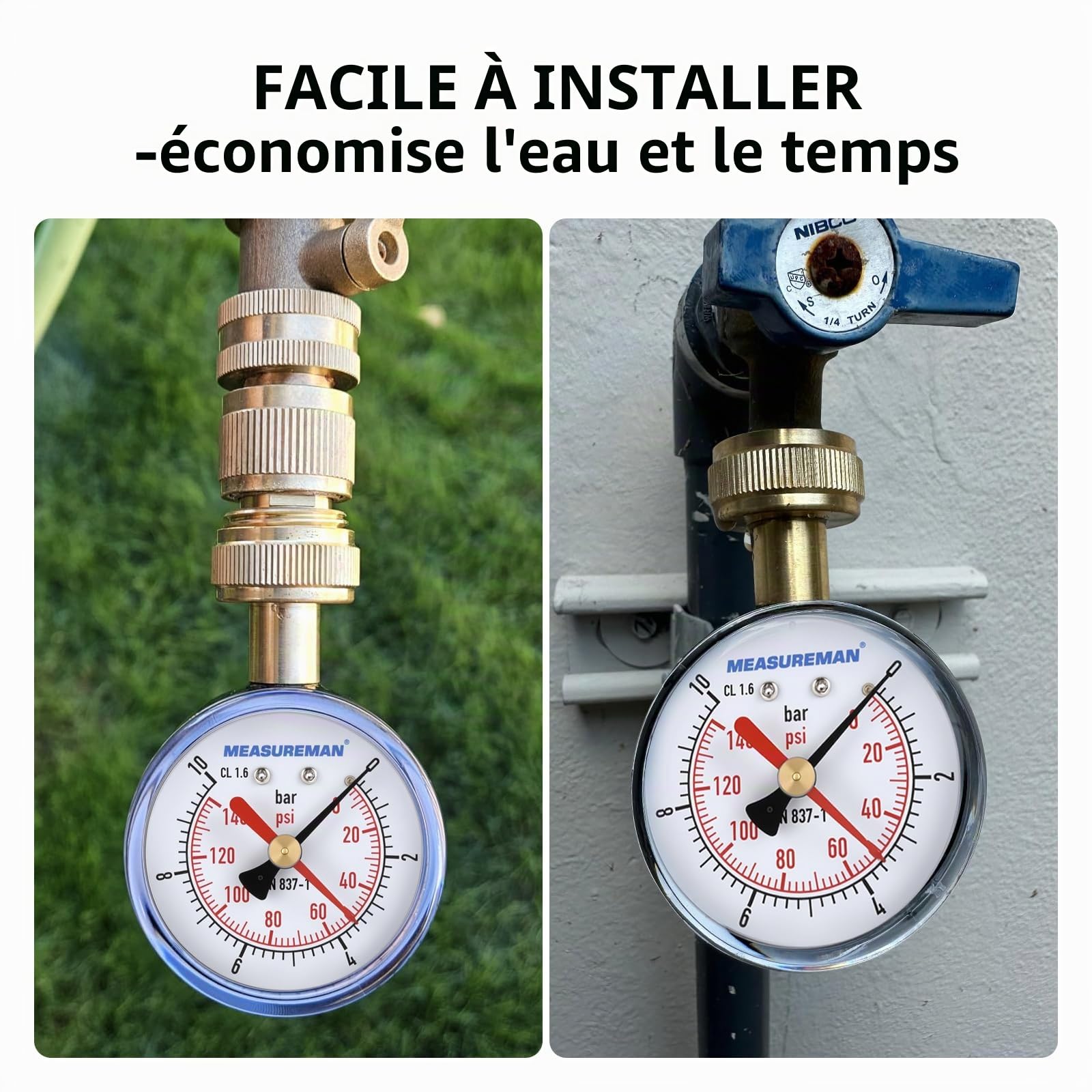 Manomètre de test de pression d’eau, filetage femelle 3/4" BSP pour tuyau, 0-10 bar avec aiguille témoin rouge.