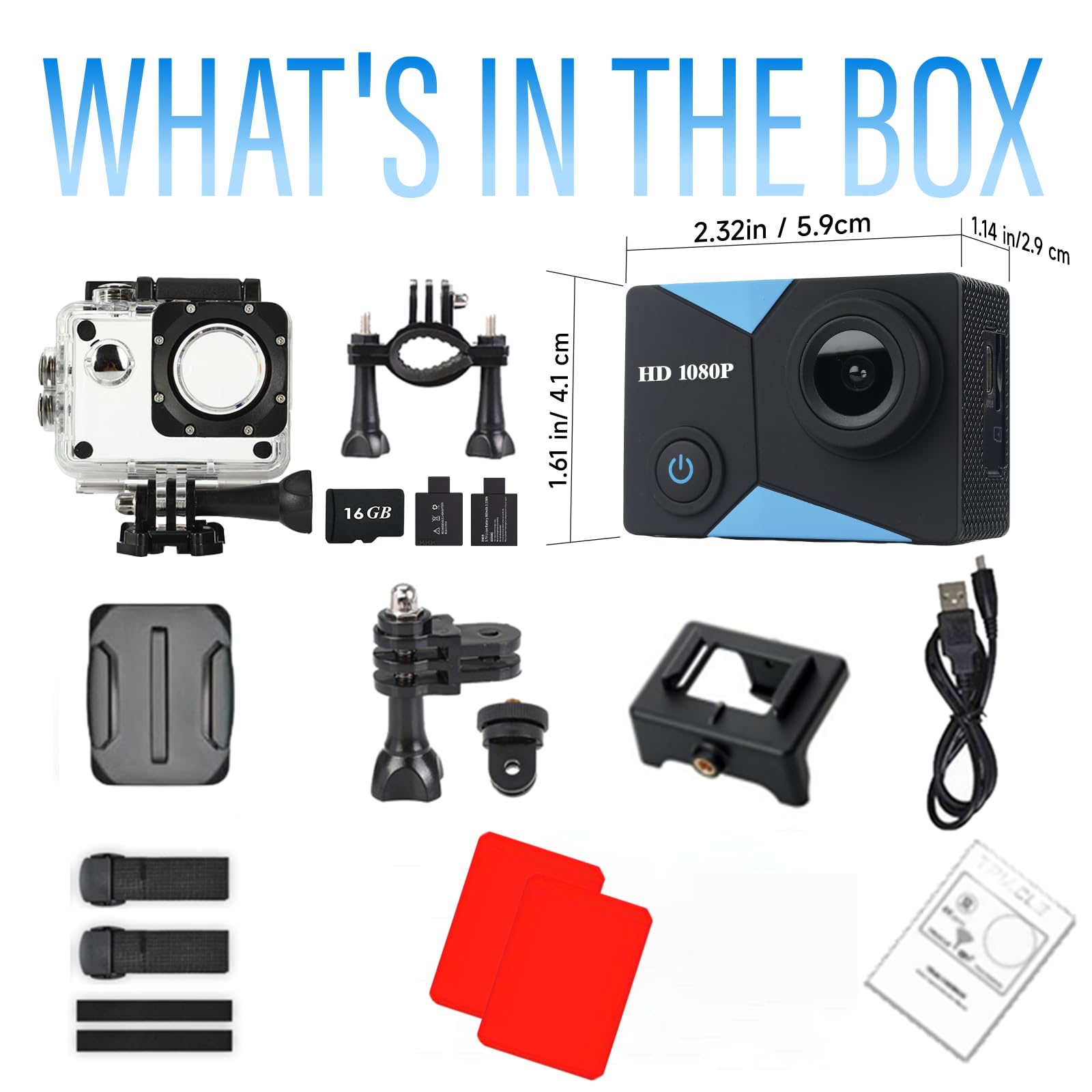 Action Camera 1080P Sport Camera 16GB Scheda di Memoria Action Cam 39,9 m Subacquea Impermeabile con 2 X Batterie con Kit Accessori Adatto per Casco, Bicicletta, ecc.