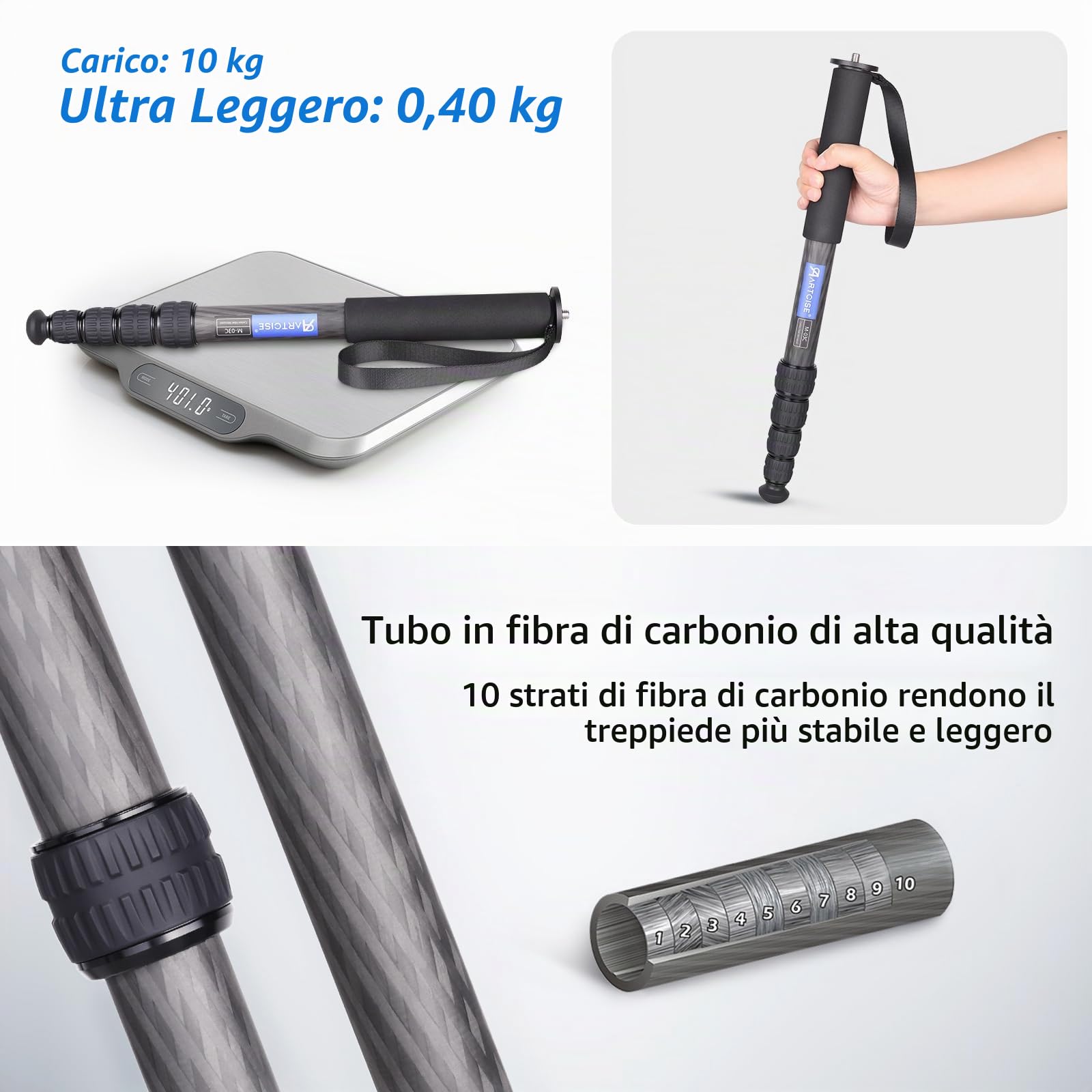 ARTCISE Treppiede da 65"/165 cm, M03C-ST-EU, leggero e portatile, monopiede in fibra di carbonio per DSLR, fotocamera reflex digitale, colore: nero