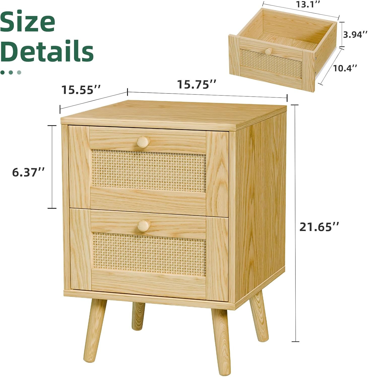 Nightstand, Nightstands Set of 2, End Table, SideTable with 2 Hand Made Rattan Decorated Drawers, Wood Accent Table with Storage for Bedroom, Natural, 2 Pack