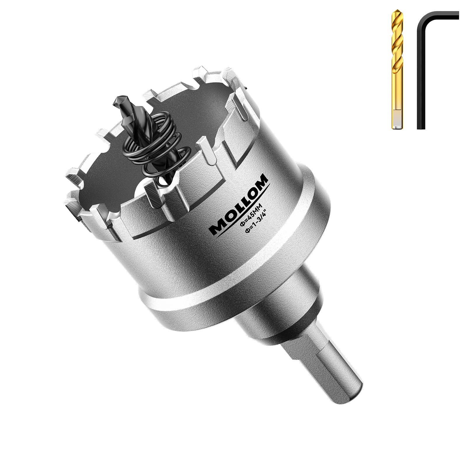 Mollom 1-3/4" (45mm) Sierra Corona Carburo Resistente con 2 Brocas Piloto | Cortadores de Agujero Grado Industrial para Acero Inoxidable, Acero Suave, Hierro, Cobre, Latón y Aluminio, Plástico