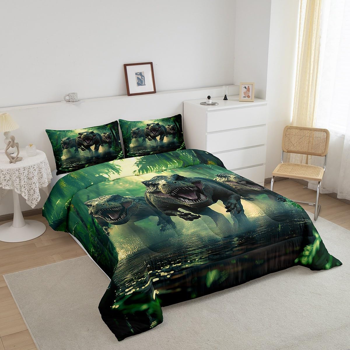 Feelyou Kids Dino Comforter Set Full Size for Boys Green Dinosaur Bedding Soft Microfiber Dino Bed Set All Season Dinosaur Duvet Quilt with 1 Comforter + 2 Pillowcase - Image 3