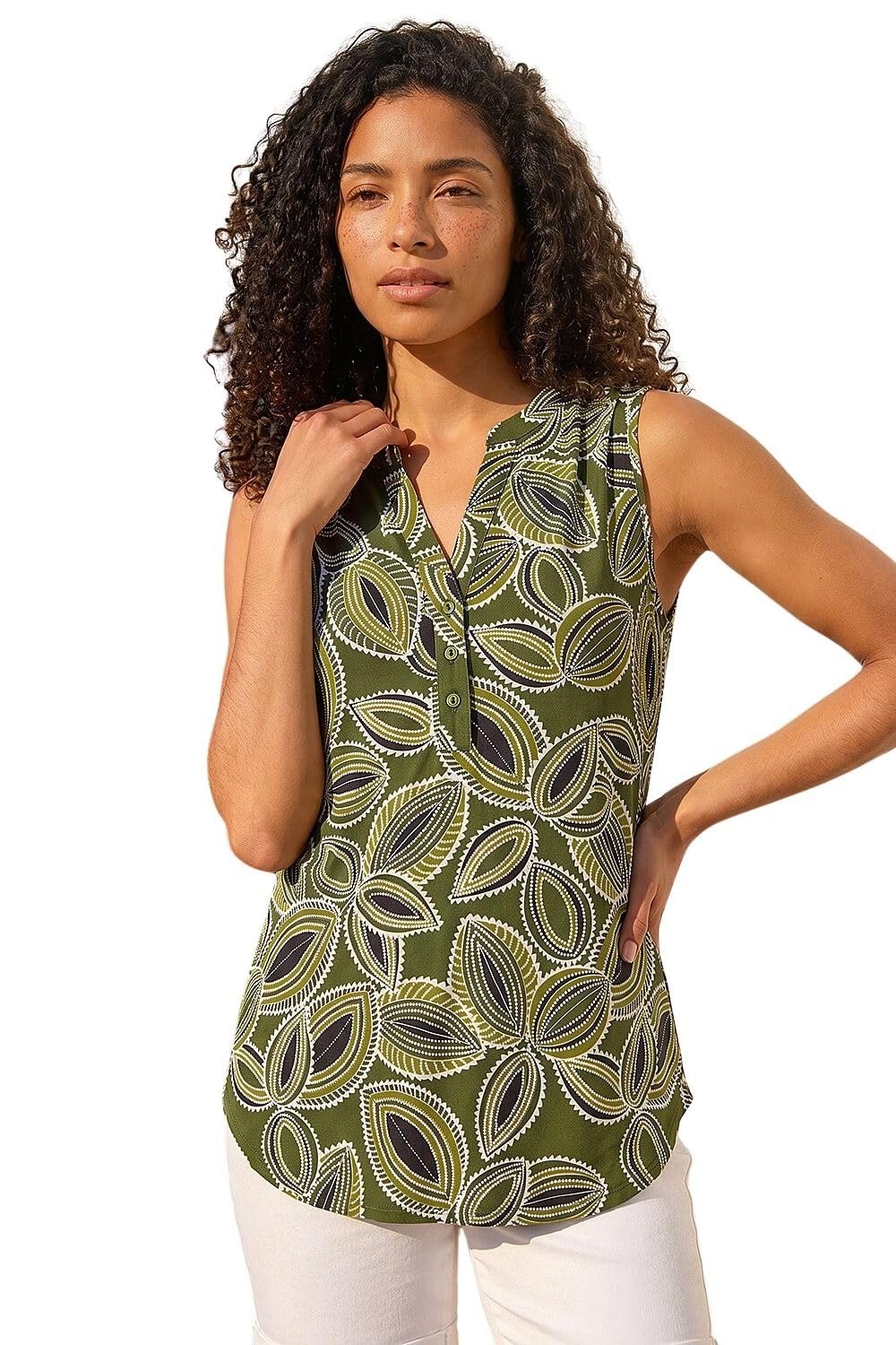 Roman Women's Khaki Textured Leaf Print Vest Top In | : Size 12