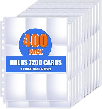 400 Pack 9 Pocket Card Sleeves Binder Sheets, Trading Card Sleeves for 3 Ring Binder, Holds 7200 Cards, Card Holder Binder Pages Protectors Fit for MTG, TCG, Baseball, Football, Game, Business Cards