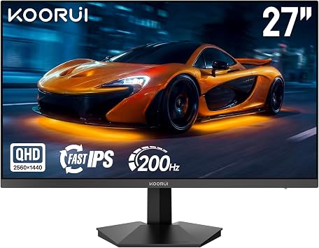 KOORUI 27 inch QHD Gaming Monitor 2560x1440p  Fast IPS, 200Hz, HDR400, 1ms,Adaptive FreeSync,VESA, Black Support DP & HDMI G2721P