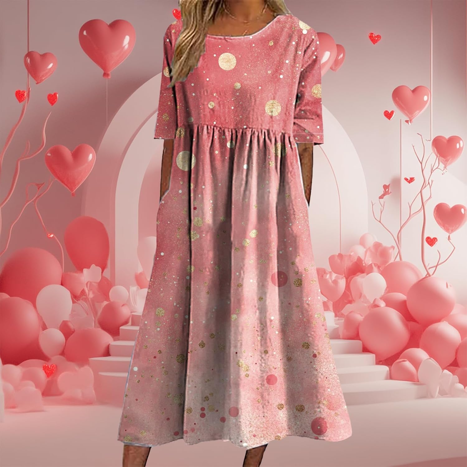Valentine Dress for Women Heart Print Short Sleeve Crewneck Empire Waist Casual 2025 Spring Maxi Tunic Dresses - Image 2