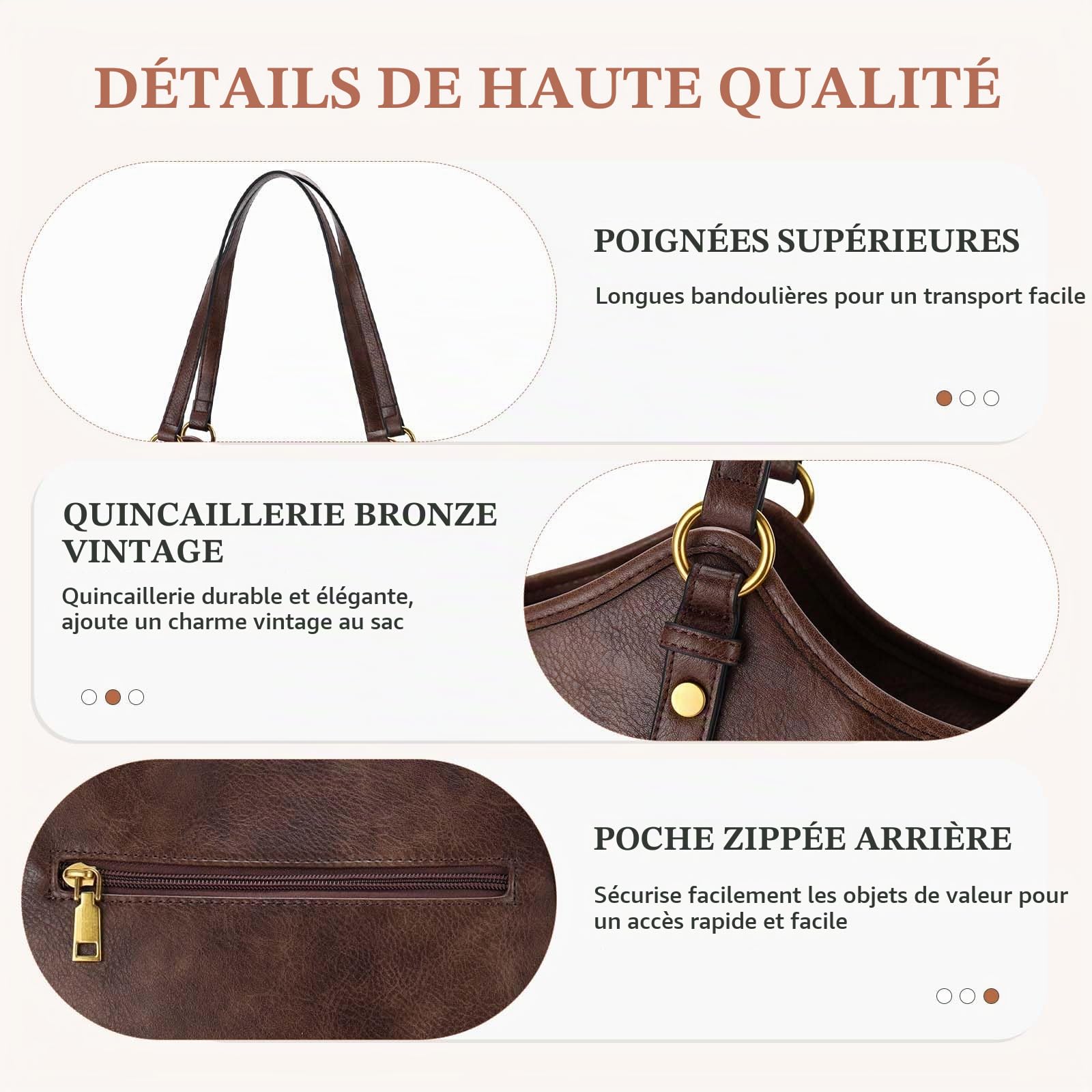 VASCHY Sac Cabas Femme Cuir PU, Mode Sac à Main Élégant pour Cours Sac Ordinateur 14 Pouces Grand Format Tote Bag Zippé pour Travail École Voyage