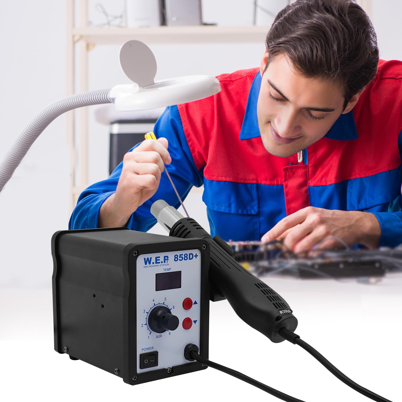 Stacja lutownicza, zestaw lutowniczy 700 W, stacja lutownicza na gorące powietrze 100-450°C, stacja rozlutowująca 8 przekładni przepływu powietrza 120 l/min, stacja lutownicza z cyfrowym wyświetlaczem
