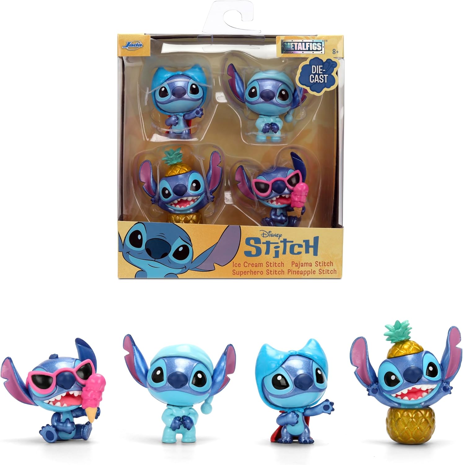 Jada Toys Disney Stitch 4-Pack Die-Cast Figures 2.5" Metal Collectibles Featuring Superhero, Ice Cream, Pineapple & Pajama Stitch