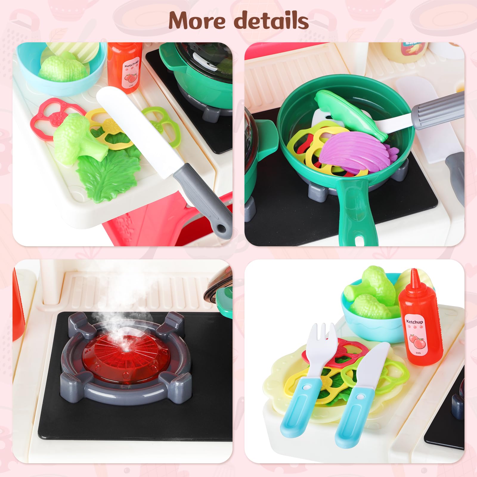 deAO Kinderküche Spielküche mit Licht Ton Wasser Dampf und Küchenzubehör, Kinder-Küchenspielset mit Kühlschrank Geschirrspüler Herd Spüle Backofen Essen Küche Spielzeug für Kinder ab 3 Jahren