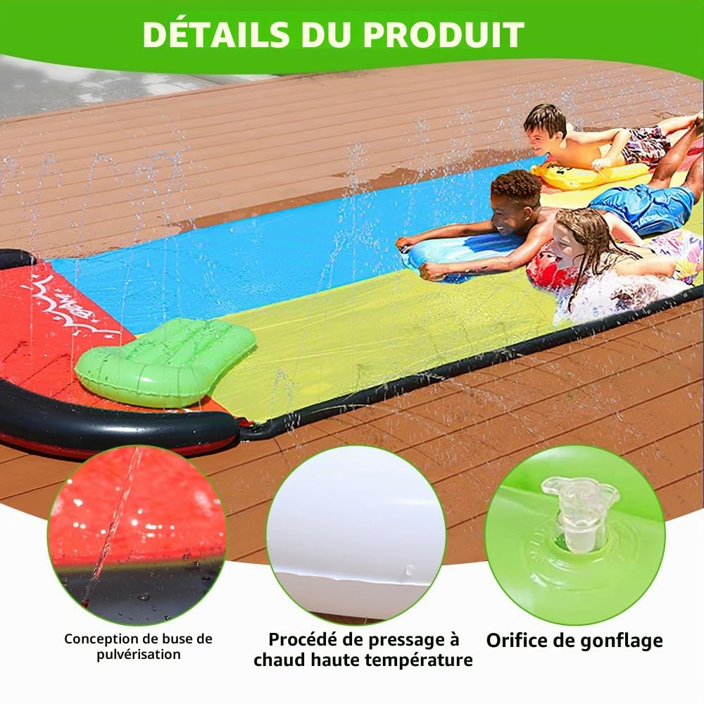 Toboggan Aquatique, 480 X 140cm Ventre Glisse avec 2 Bodyboards, Toboggan Aquatique à Double Piste avec Arroseur Intégré, Tapis de Glisse Eau Enfant Adulte pour Le Jardin, Piscine, Extérieu
