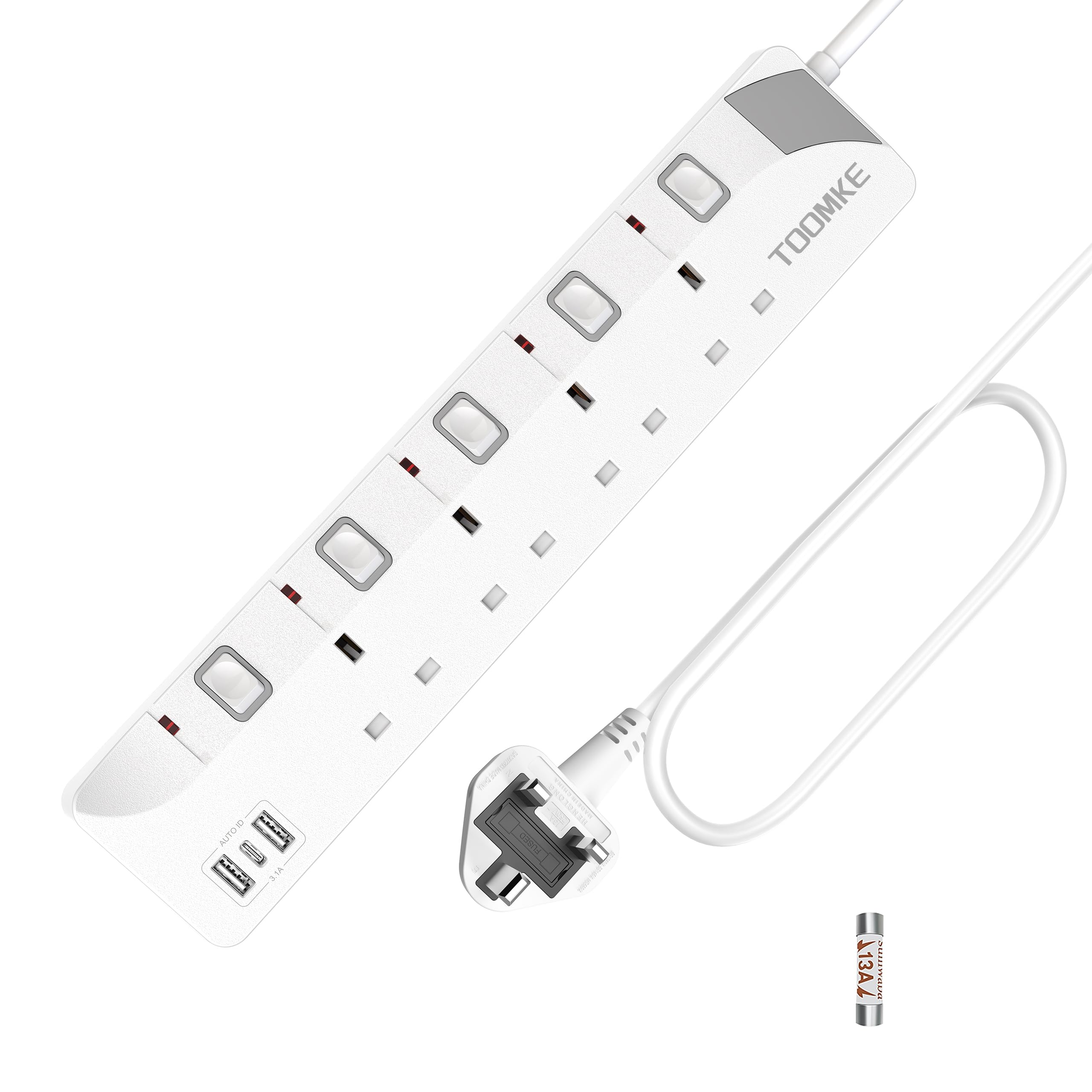 Extension Lead with USB Slots, Toomke 4 Way Plug Extension Socket with 2 USB-A and 1 USB-C, Mountable Power Strip with Individual Switches, UK Plug Socket 1.5m Extension Cord 13A 3250W — view 12