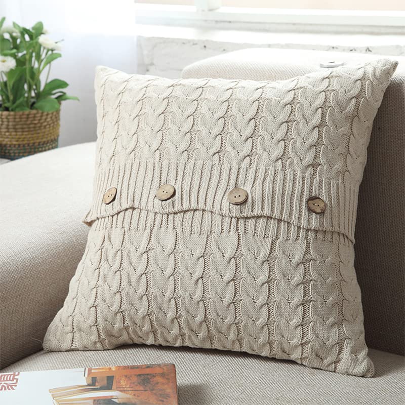 Zhiyuan Home Decorative Knit Button Cushion Cover Bed Sofa Throw Pillow Cover, Beige