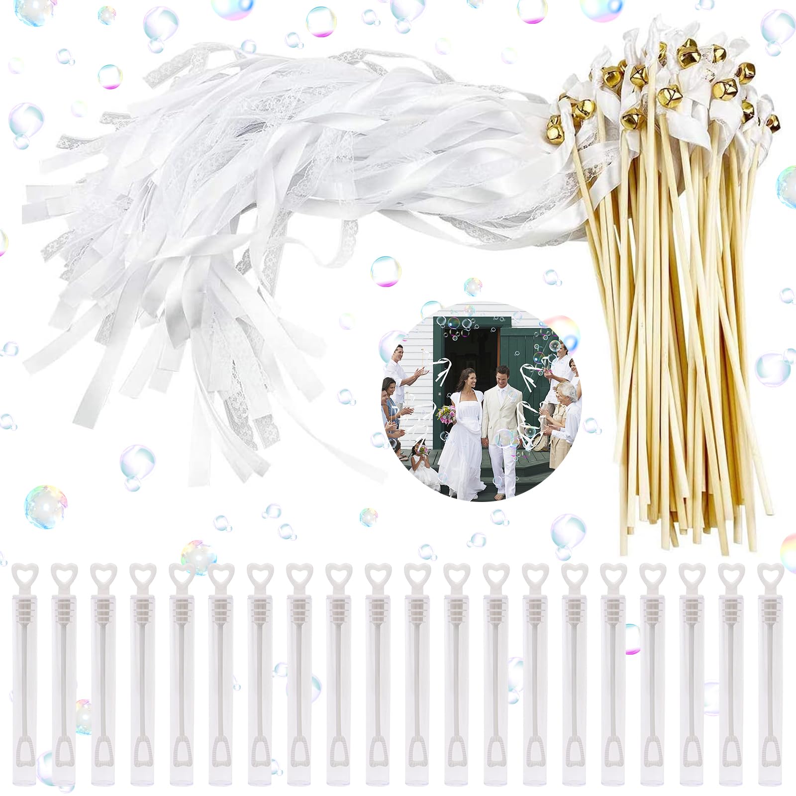 20 unidades de varitas mágicas de boda con campanas, varitas blancas para bodas, serpentinas con cintas, varillas de la suerte con 20 unidades de mini pompas de jabón para bodas, cumpleaños, fiestas