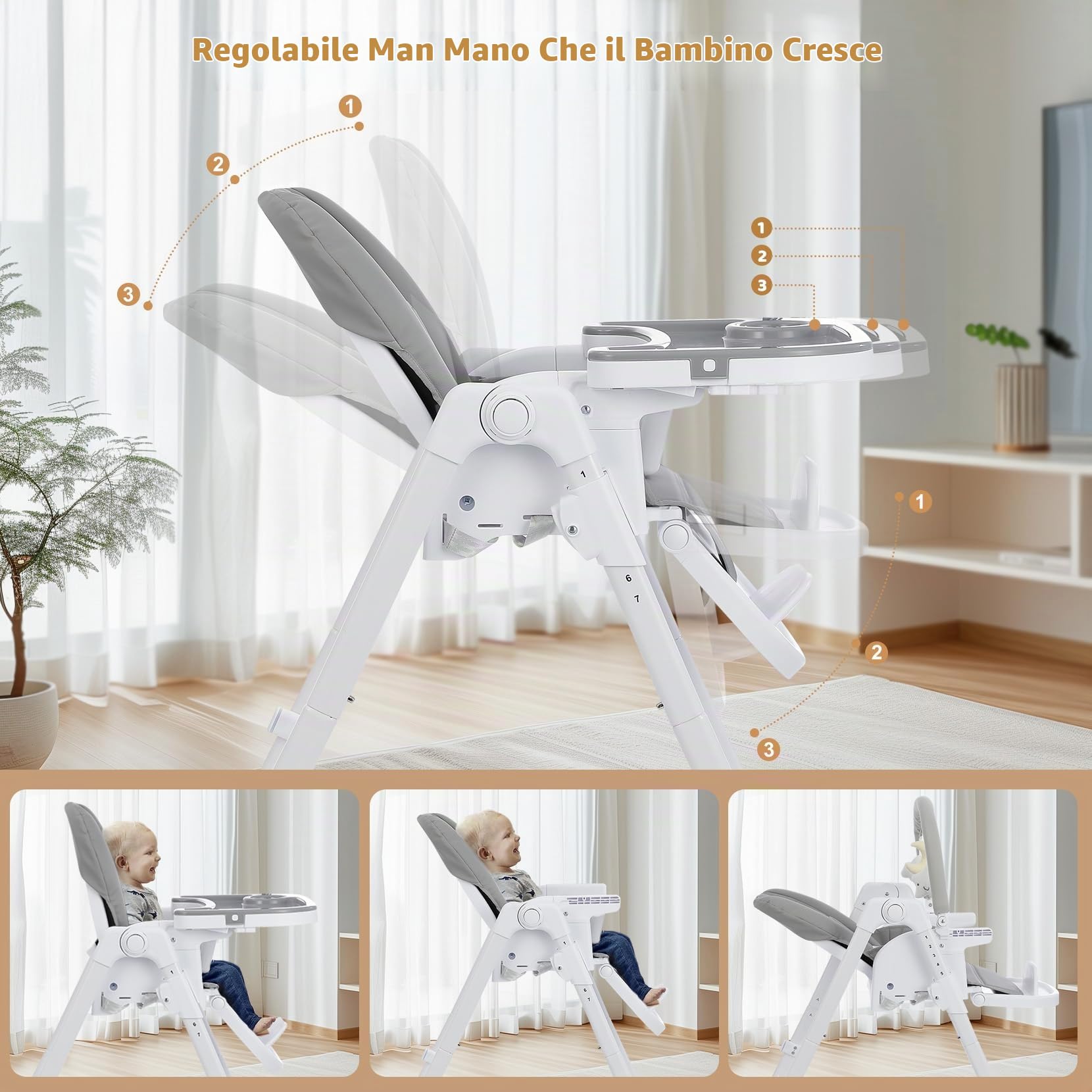 Seggiolone Pappa 4 in 1 Pieghevole, Regolabile con Arco Giochi | 7 altezze, arco giochi, funzione rialzo, doppio vassoio, seduta PU, pieghevole