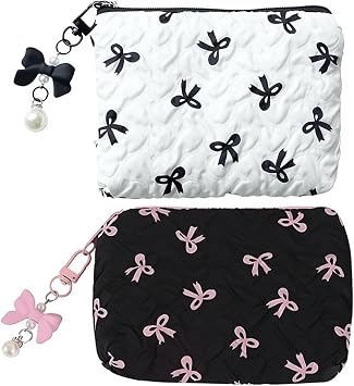 2-Piece Small Makeup Bag for Handbag Fabric Bowknot Coin Purse Set | Includes 1 black and 1 white pouch for storing coins, keys, and cosmetics. Compact 14x10x2 cm size for daily travel.