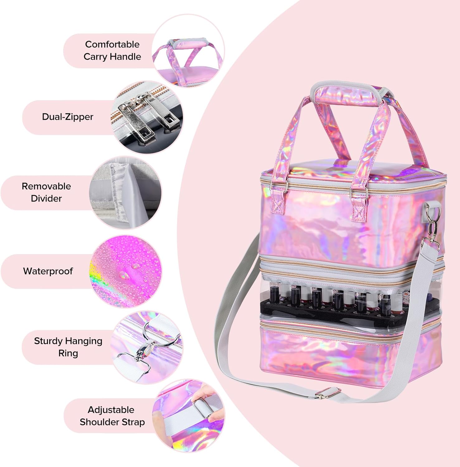 Nail Polish Organizer Case, 3 Layers Removable Nail Polish Storage Bag Holds 60 Bottles and Nail Lamp with Shoulder Strap Portable Holographic PU Leather Nail Kit Storage for Manicure Tools (Pink)