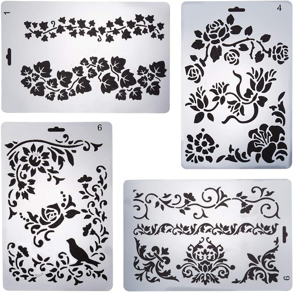 GORGECRAFT 4Pcs 4 Styles Plastic Painting Stencils Flowers Plants Graphics Templates Blossom Leaf Vine Ivy Rose Stencil Wall Border Reusable Drawing Stencil for Painting on Wood Floor Furniture Fabric