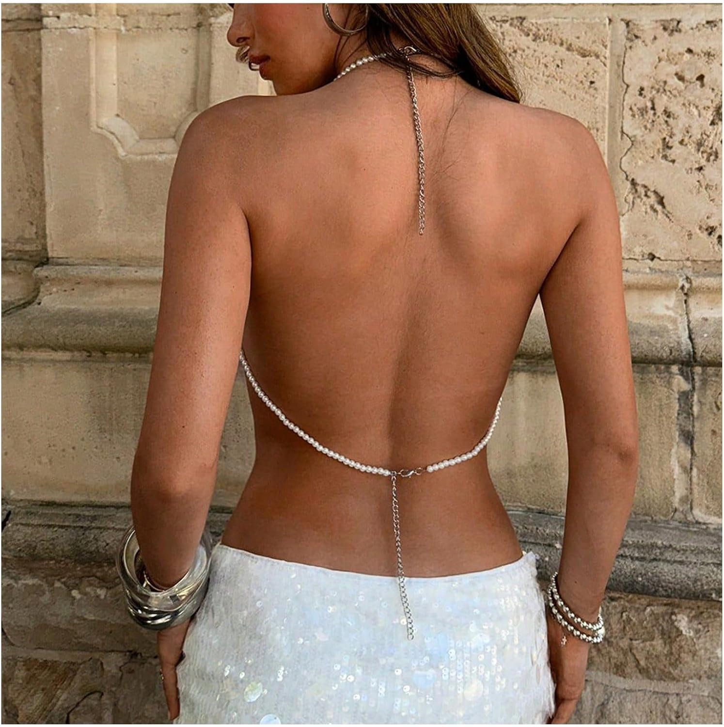 Women Multi Layer Pearl Body Chain Harness Top Beach Beaded Body Jewelry