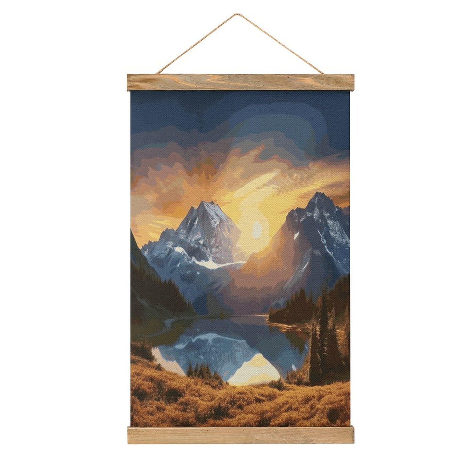 JTREHY Mountain Sunrise Linen Hanging Painting Vintage Poster Wall Art Prints Personality Style Wall Hanging Poster for Living Room Office Bedroom Decor Frame 13.2 X 20.47 Inch
