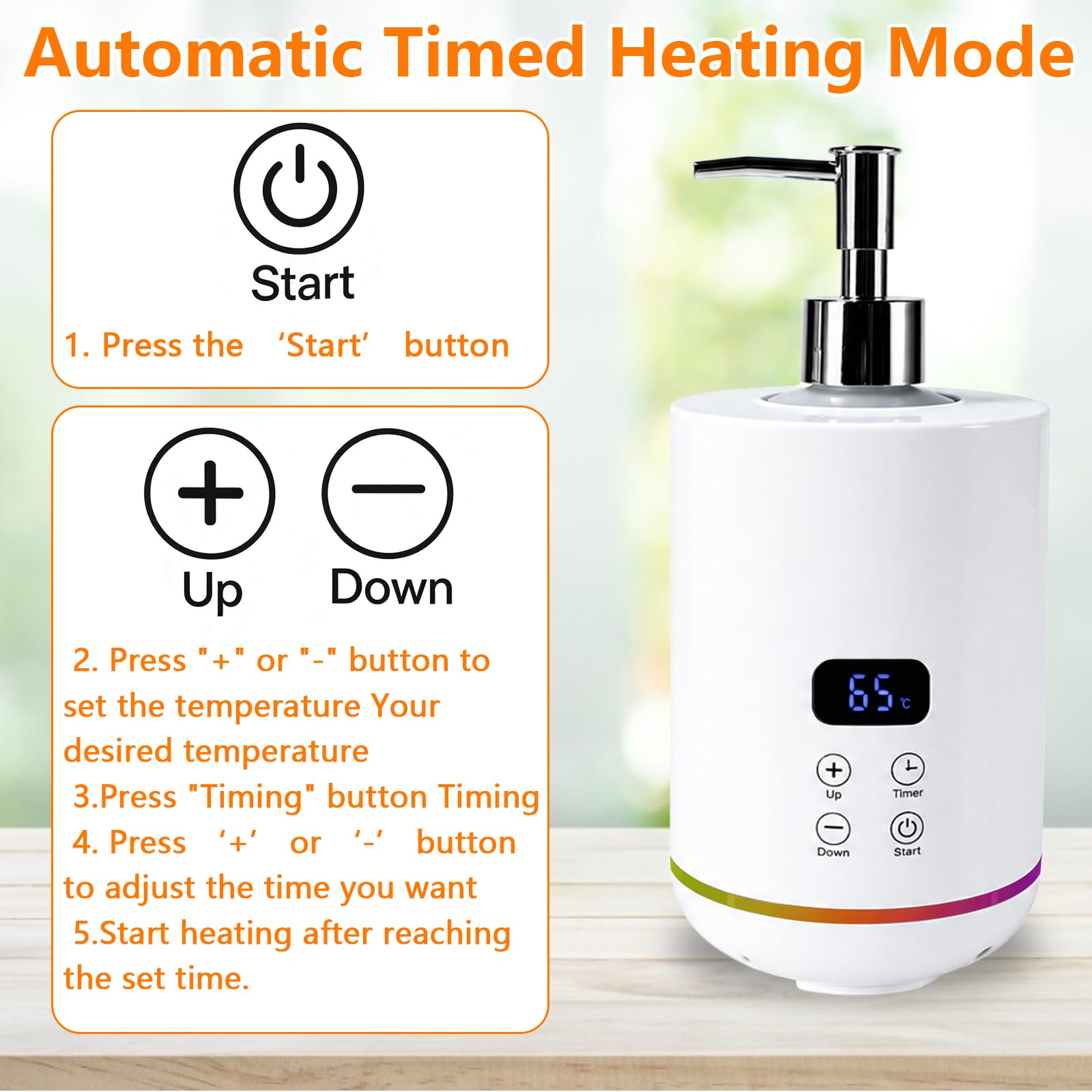 Massageöl Wärmer mit Zwei 250 ml-Massageölflaschen, Einstellbare Temperatur 30-65°C, Zeiteinstellungen, Gradientes Umgebungslicht, Gel Flaschenwärmer Heizung für Spa, Salon und Home Use