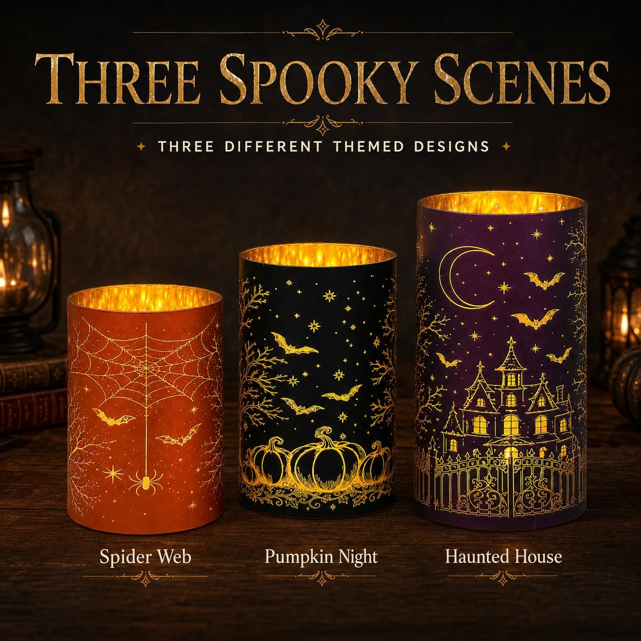 Wind Shear Halloween Glass Lanterns Set of 3, Lighted Decor
