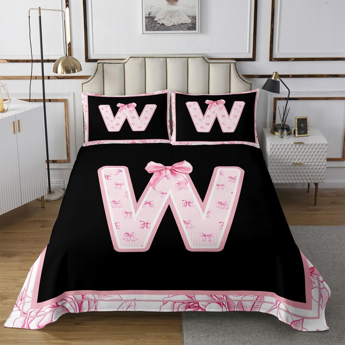 jejeloiu Black Pink Bow Bedspread King Size Monogrammed Coverlet Set Personalized Initial X Quilted Coverlet for All Season with 2 Pillowcases Coquette Bows Microfiber Lightweight