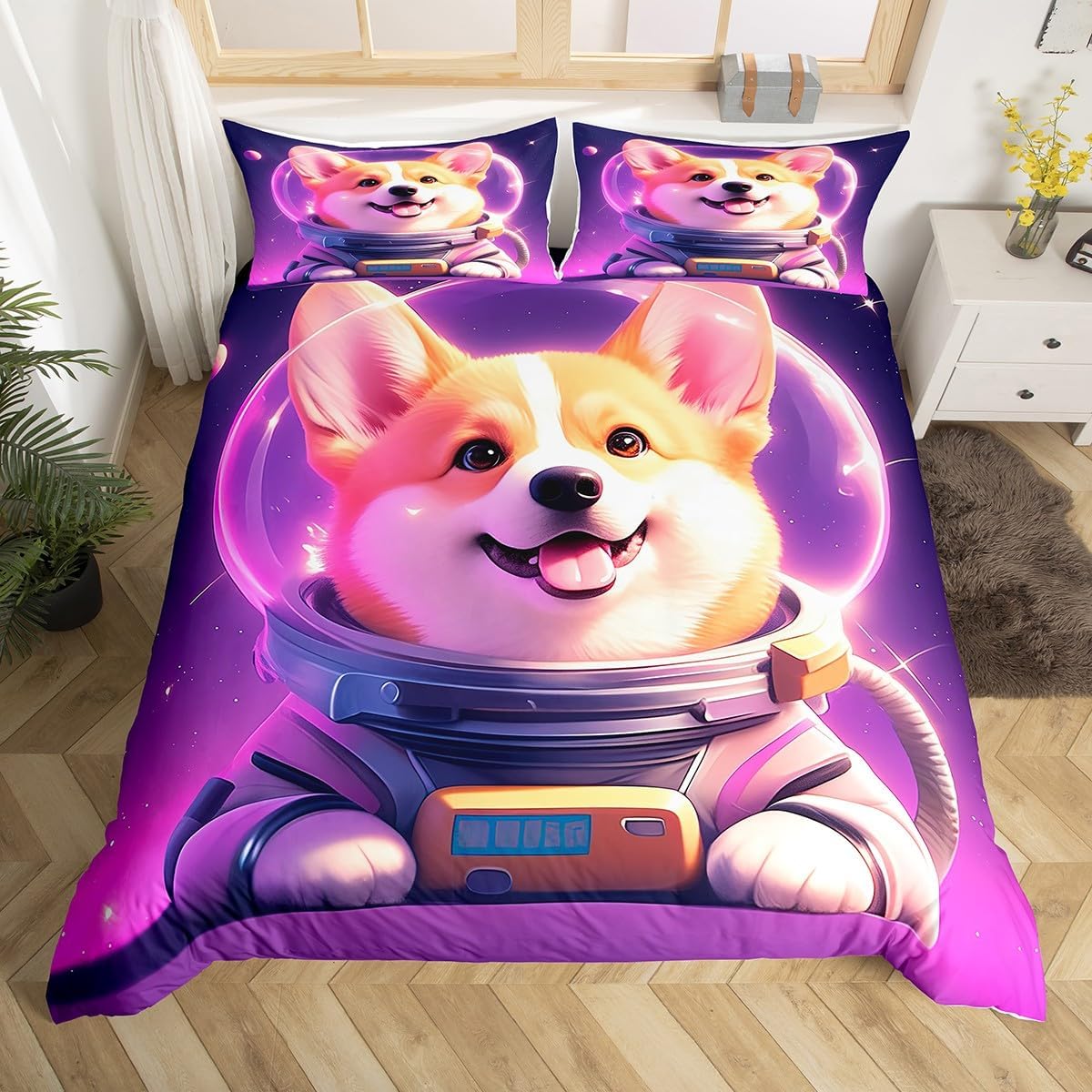 Cute Cat Animal Duvet Cover Set Toddler Size Outerspace Astronaut Comforter Cover Universe Starry Galaxy Bedding Set 2pcs for Kids Kawaii Cat Bedspread Cover,Comforter Not Included