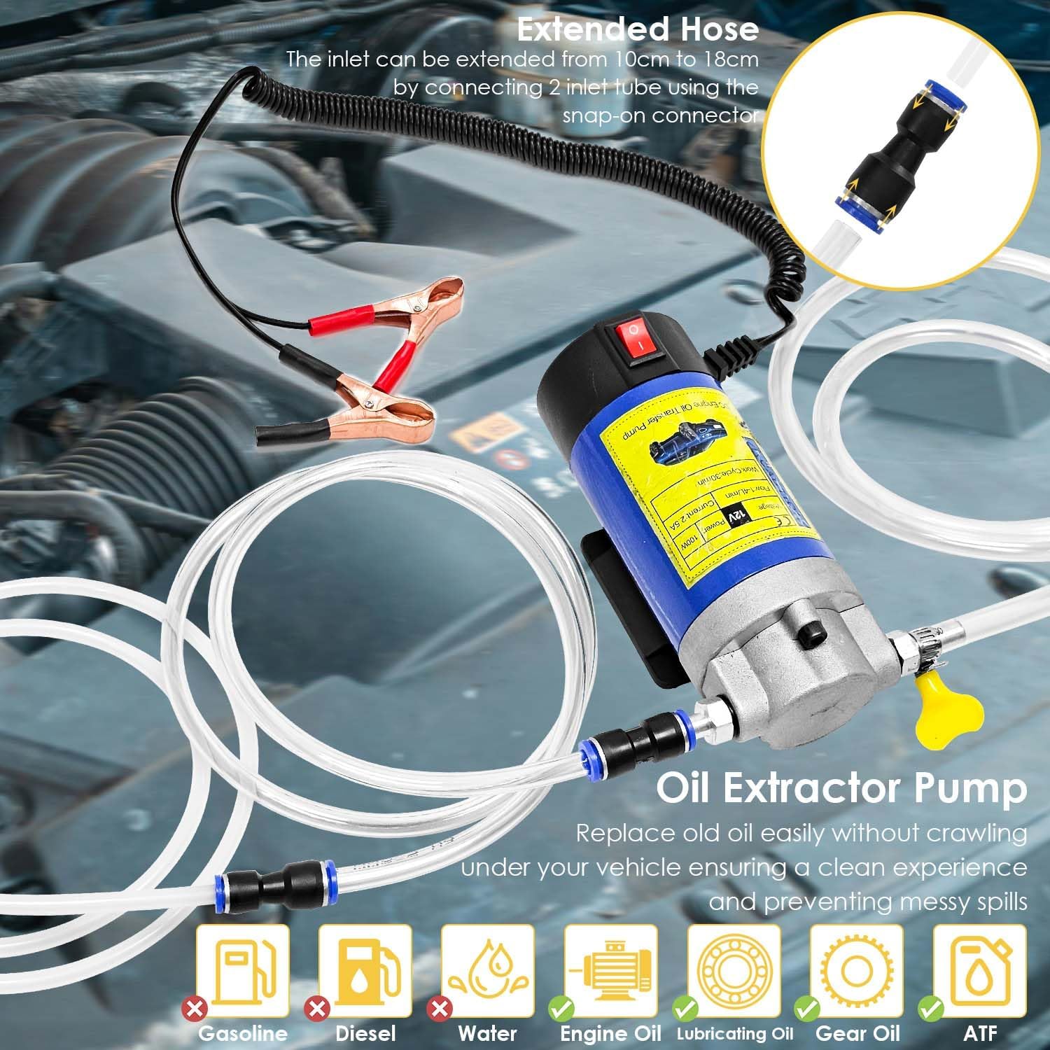 Oil Pump 12V 100W, Oil Extractor Pump for Engine Oil Change, Electric Fluid Transfer Pump, Self-Priming Oil Transfer Pump for Car Boat Motorcycle Mower RV