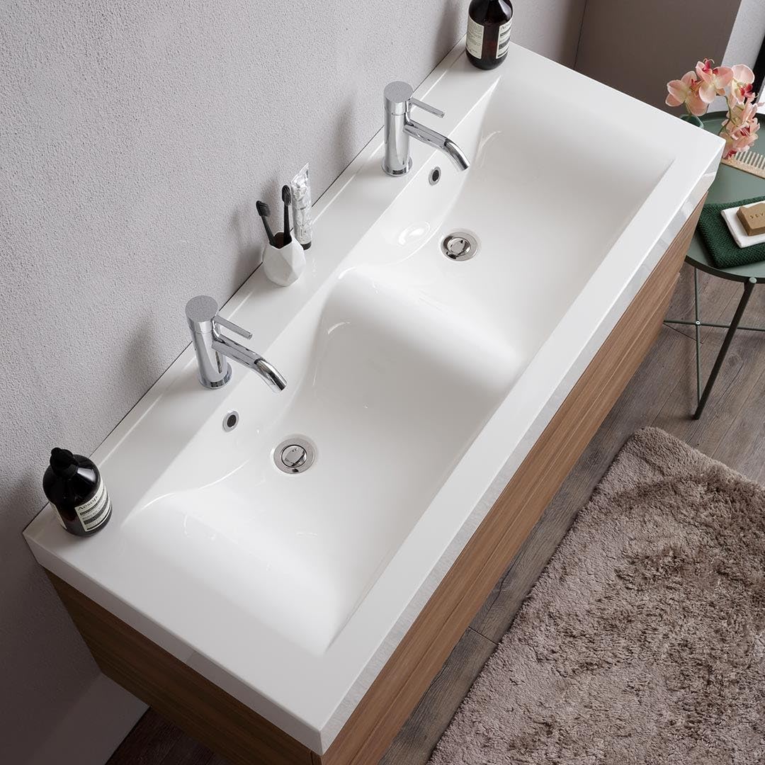 Kiamami Valentina - Mueble de baño suspendido de 120cm con cajones de Roble Natural Soft Close y Doble Lavabo | Valentina