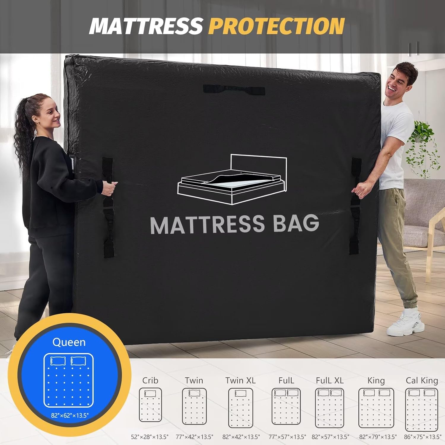 Mattress Bags for Moving and Storage, BETU Queen Mattress Protector Waterproof Mattress Cover with 8 Heavy Duty Handles and Zipper Extra Thick Moving Supplies for Bed Reusable (82x62x13.5 Black)