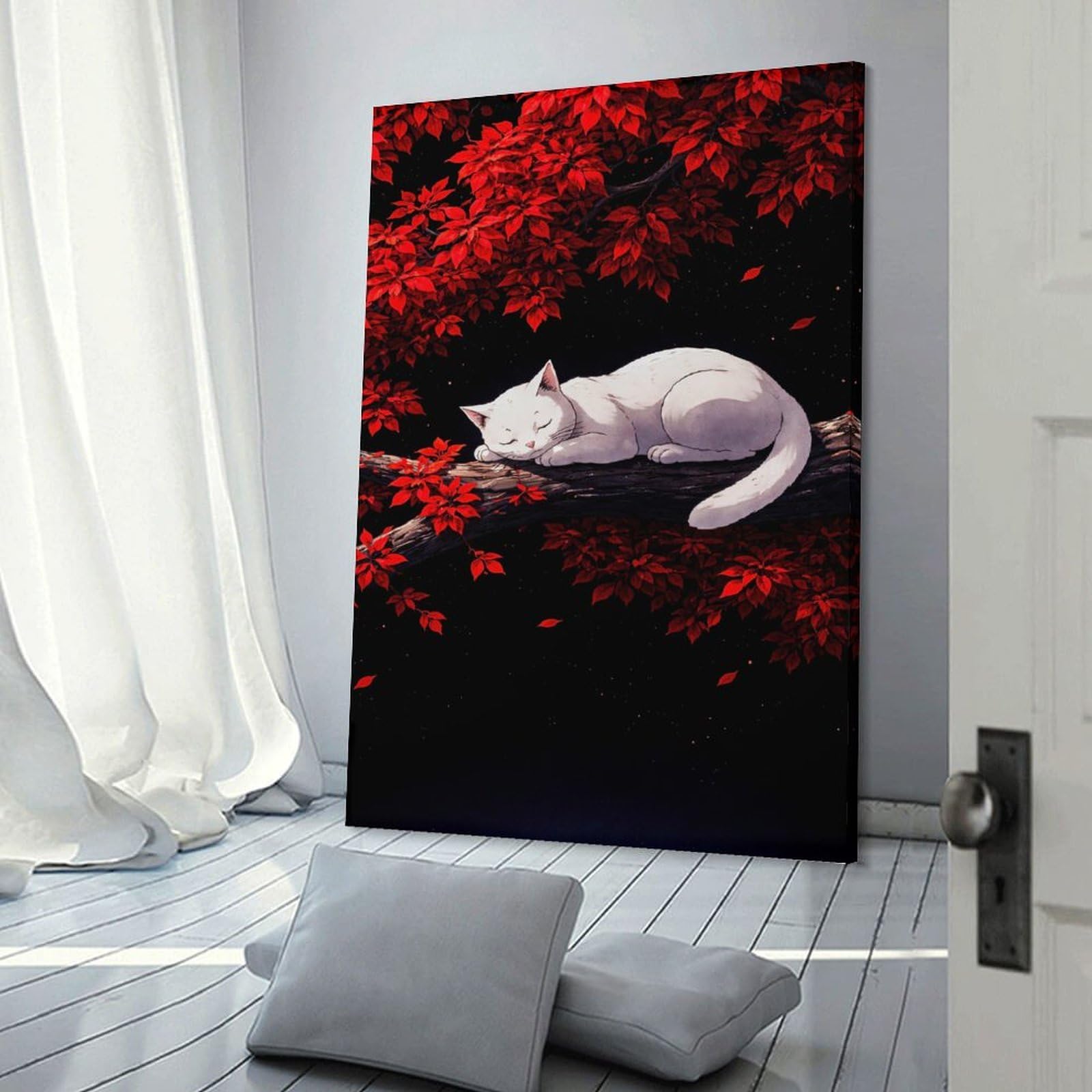 Junmoney White Cat Sleeping on A Branch Wall Art Print, 24x36inch(60x90cm), for Workspace Walls, Study Corners Or Bedrooms, A Smart Decor Choice for Study Walls