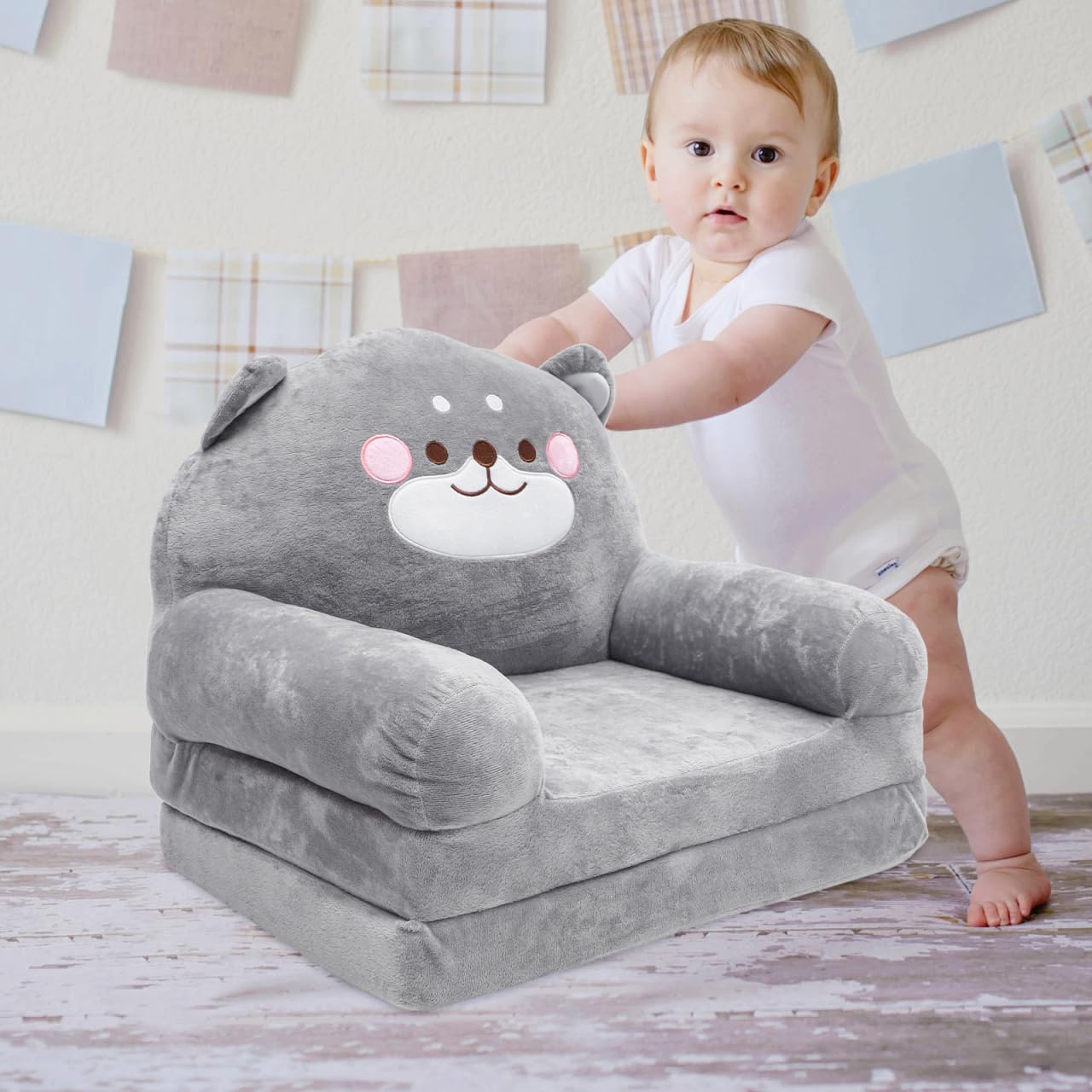Hemobllo Sofá Cama Infantil 2 en 1 Plegable, 90x50 cm, Felpa Gris Oso, Funda Lavable, Convertible Sillón-Tumbona para Dormitorio, Guardería, Regalo Niños 1-4 Años