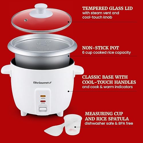Miniatura 4 de Elite Gourmet ERC-003X - Arrocera eléctrica con mantenimiento automático del calor, hace sopas, guisos, granos, cereales calientes, 6 tazas cocidas