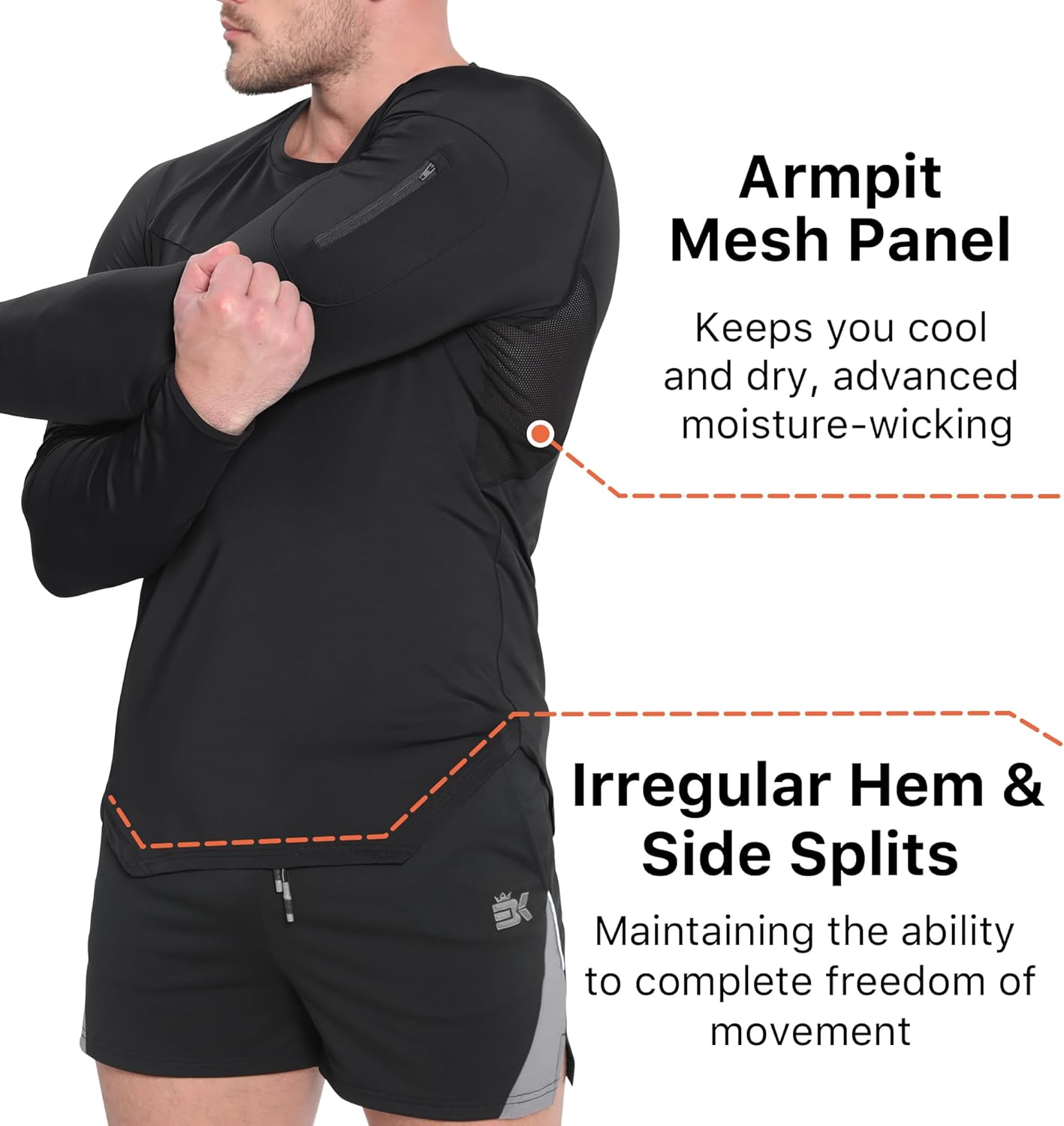 BROKIG Men's Armzip Long Sleeve Running Shirts Quick Dry Sun Protection UV UPF 50+ Jogging T Shirts Zip Pocket Gym Workout - Image 4