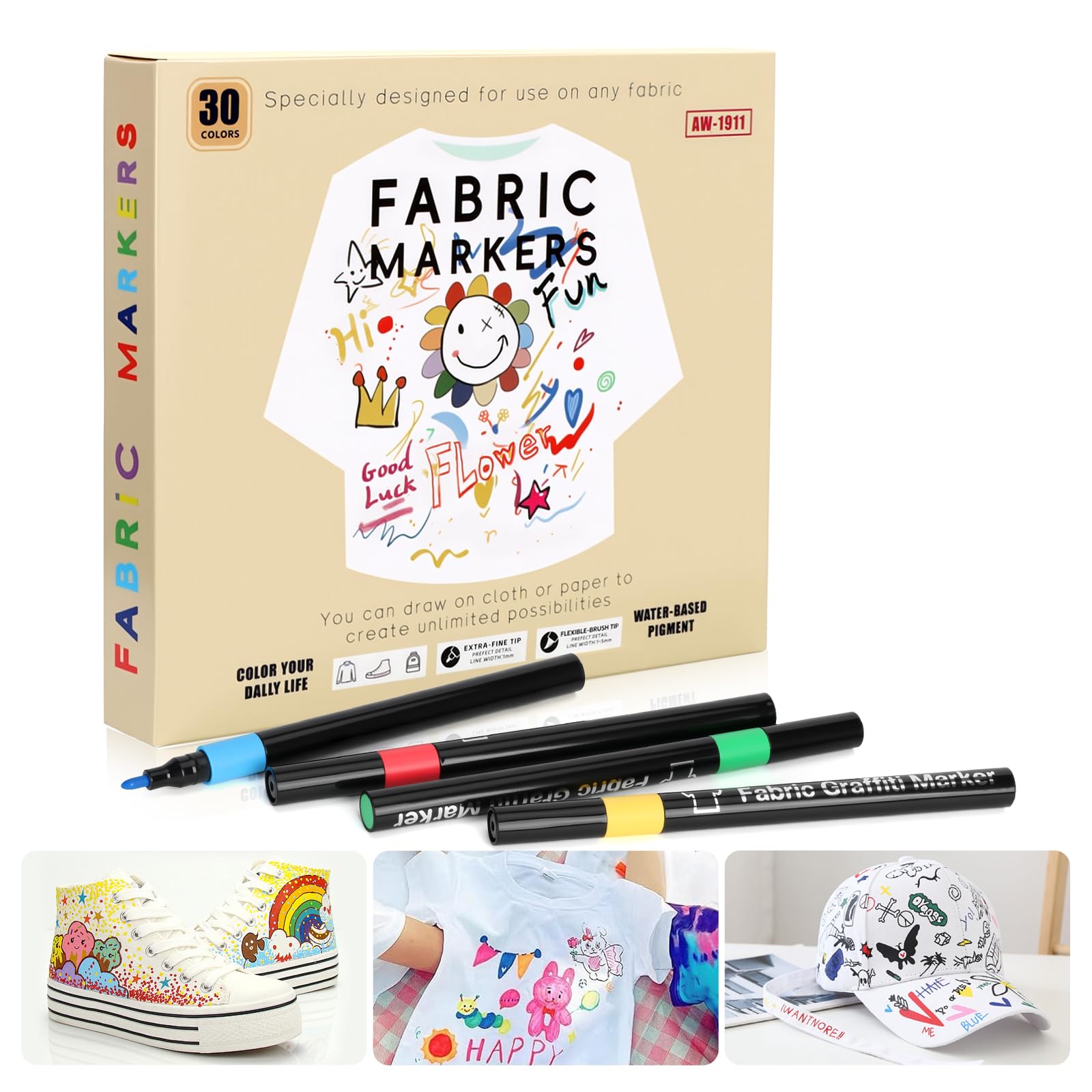 30PCS Fabric Pens Permanent for Clothes, Fabric Markers, Canvas Tote Bags White T Shirts Pillowcases Fine Tip Textile Markers for DIY Baby Shower Games and Craft Paint Pens Gift for Kids and Adults