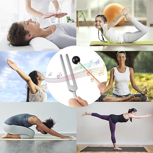 Miniatura 6 de MIMIRACLE Solfeggio - Juego de 10 diapasones de afinación Solfeggio coloridos sin peso en aleación de aluminio, completo con mazos de goma, paño de