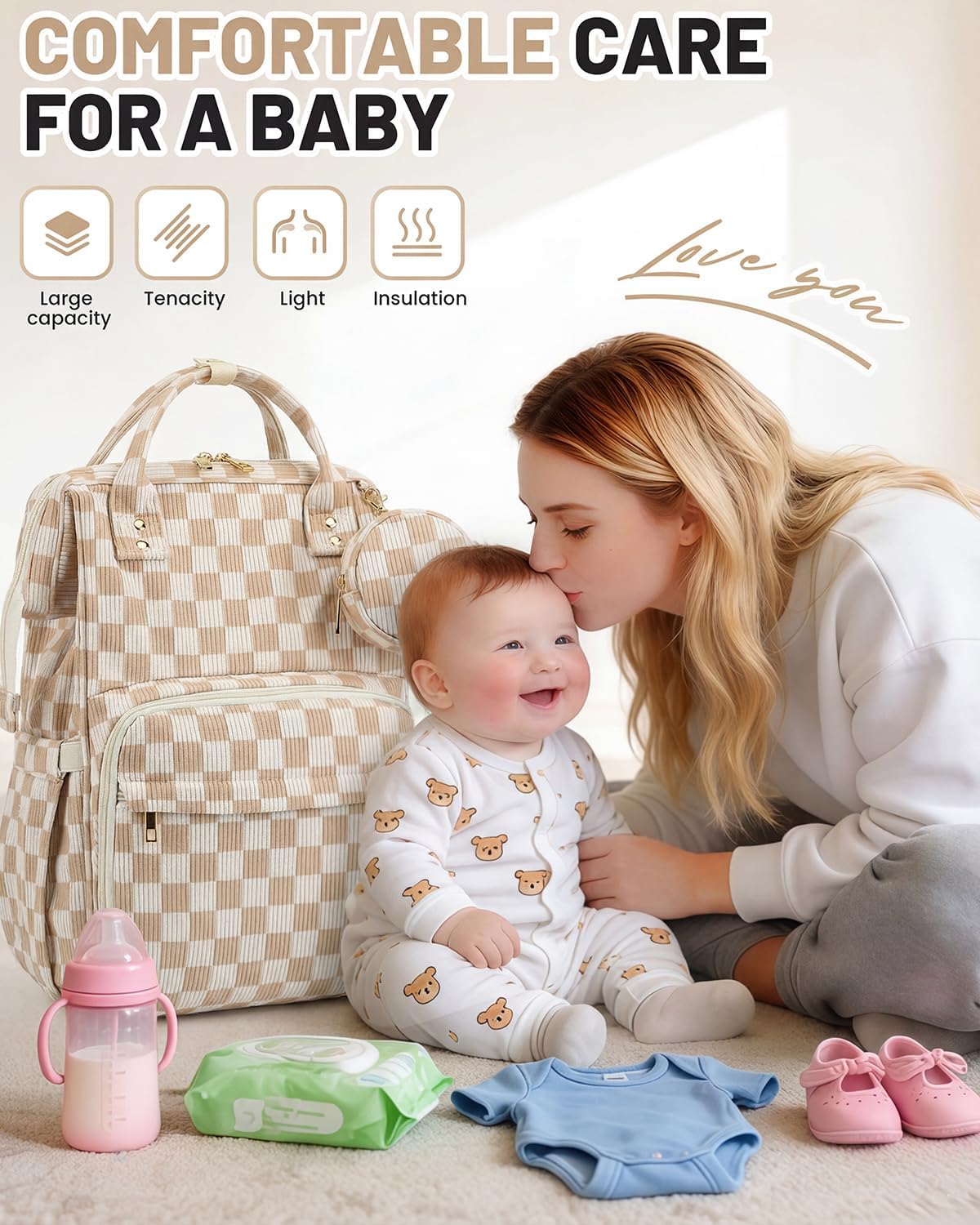 Corduroy Diaper Bag Backpack, Large Capacity Multifunction Baby Diaper Bags for Women, Insulated Bottle Pockets & Pacifier Case, Stylish Travel Nappy Changing Bags for Mom Dad (Checkered Brown)