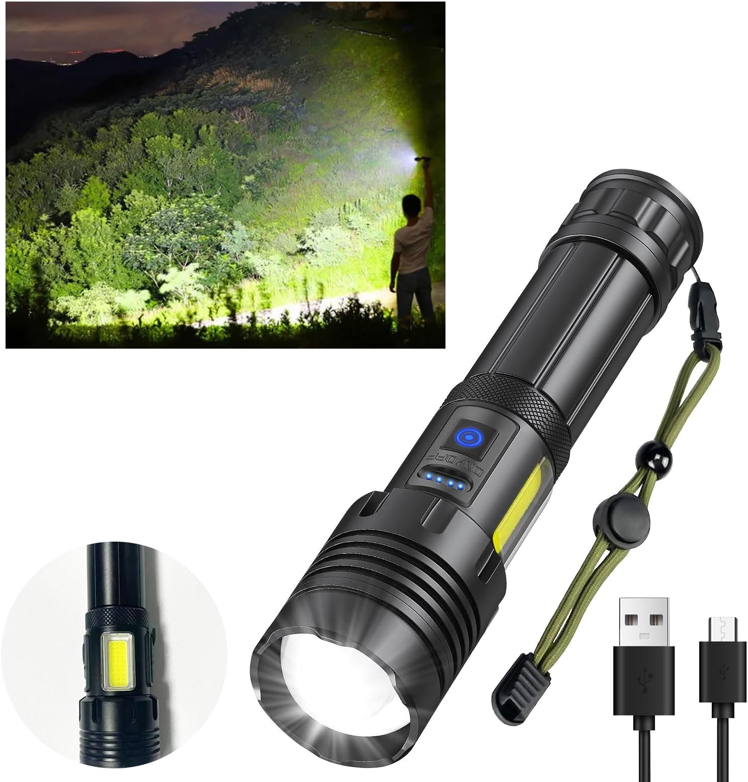 LED Flashlight USB Rechargeable, Camxon 7 Modes Torch Light 10W Super Bright, 10000 High Lumens 7500K Flash Light, IP67 Waterproof Zoomable Handheld Flashlight for Outdoor Camping Hiking