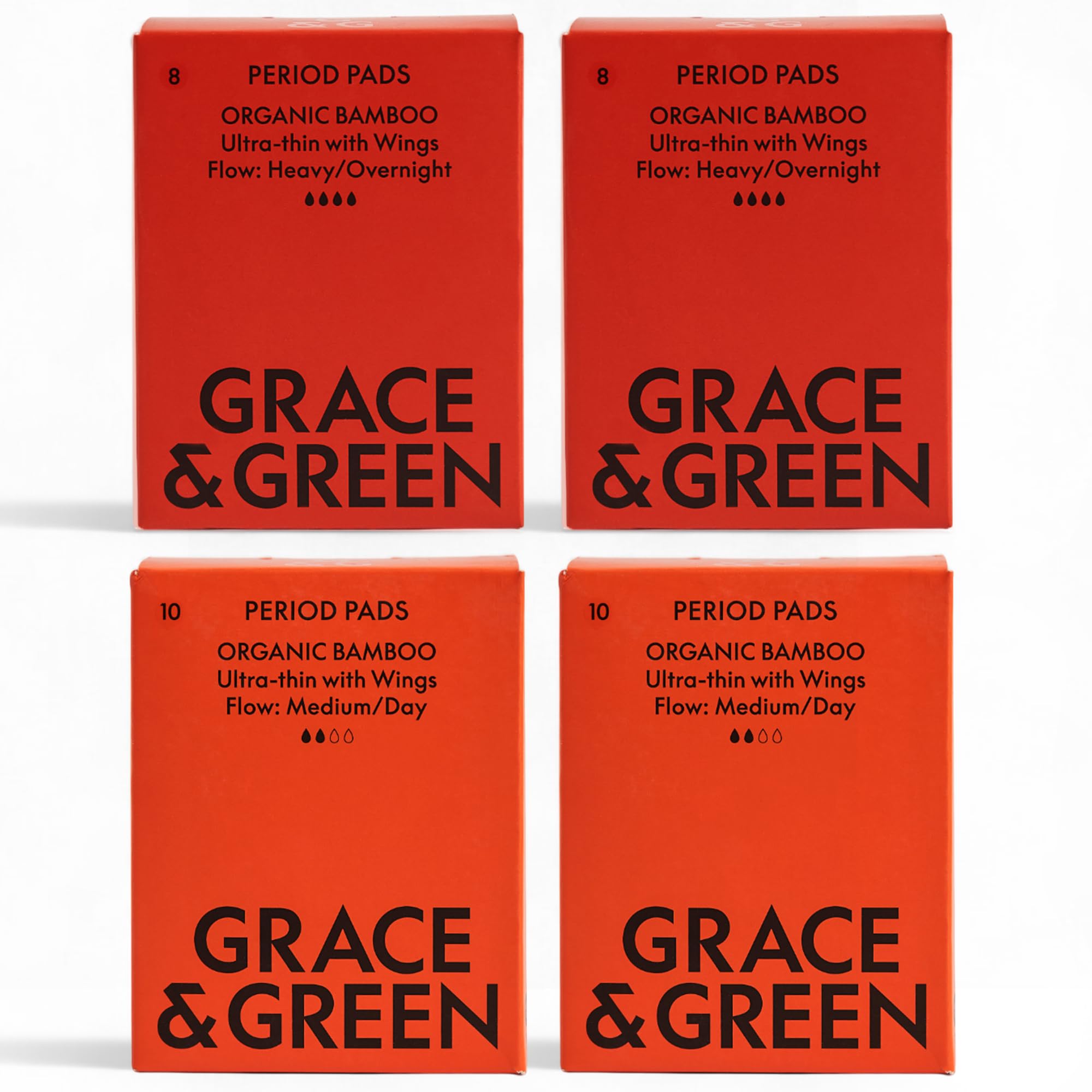 Grace & Green 36 Nightime & Daytime Bamboo Pads - Heavy & Regular Flow | Sustainable Pads with Wings | 16 Night & 20 Day Pack | Biodegradable Packaging | Eco-Friendly - B-Corp Certified