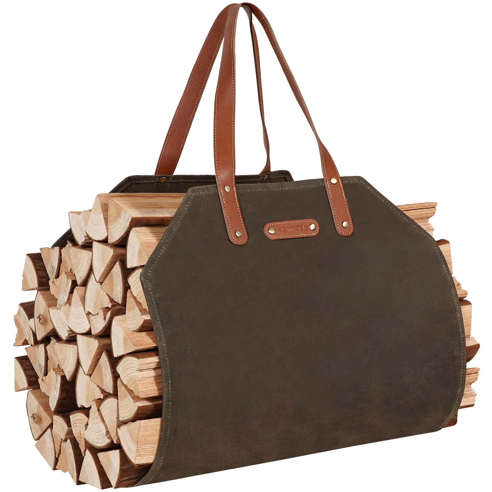 Permade Firewood Carriers with Handles, Log Carrier for Firewood Waxed Canvas, 38.4x17.3inch Wood Carrier for Fireplace, Water Resistant Firewood Tote Bag for Stove, Outdoor Camping - Green