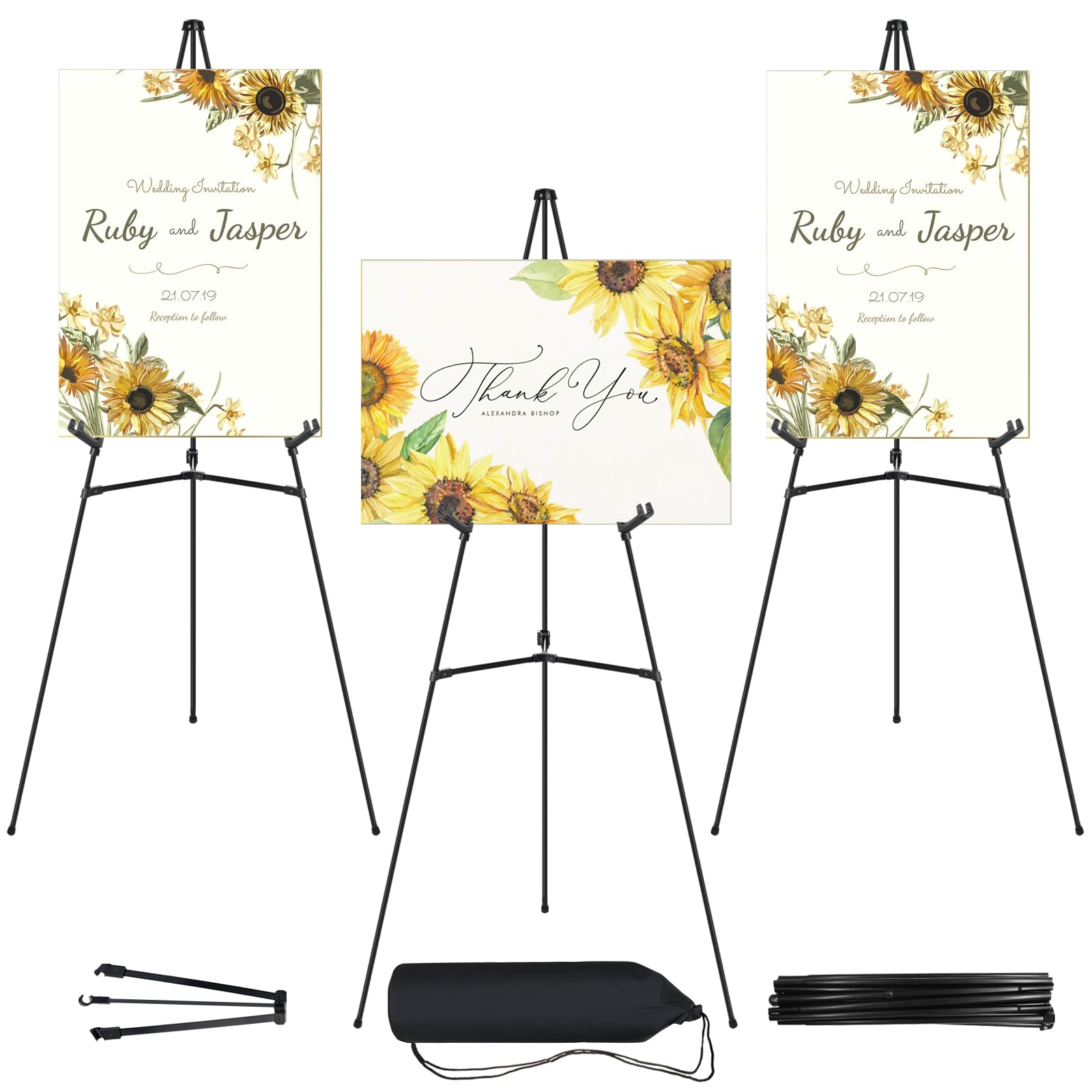 JEAWIWI 3 soportes de caballete negro para letreros de boda, soporte ajustable negro de 65 pulgadas, soporte de caballete plegable portátil con accesorios, caballete de póster de metal para