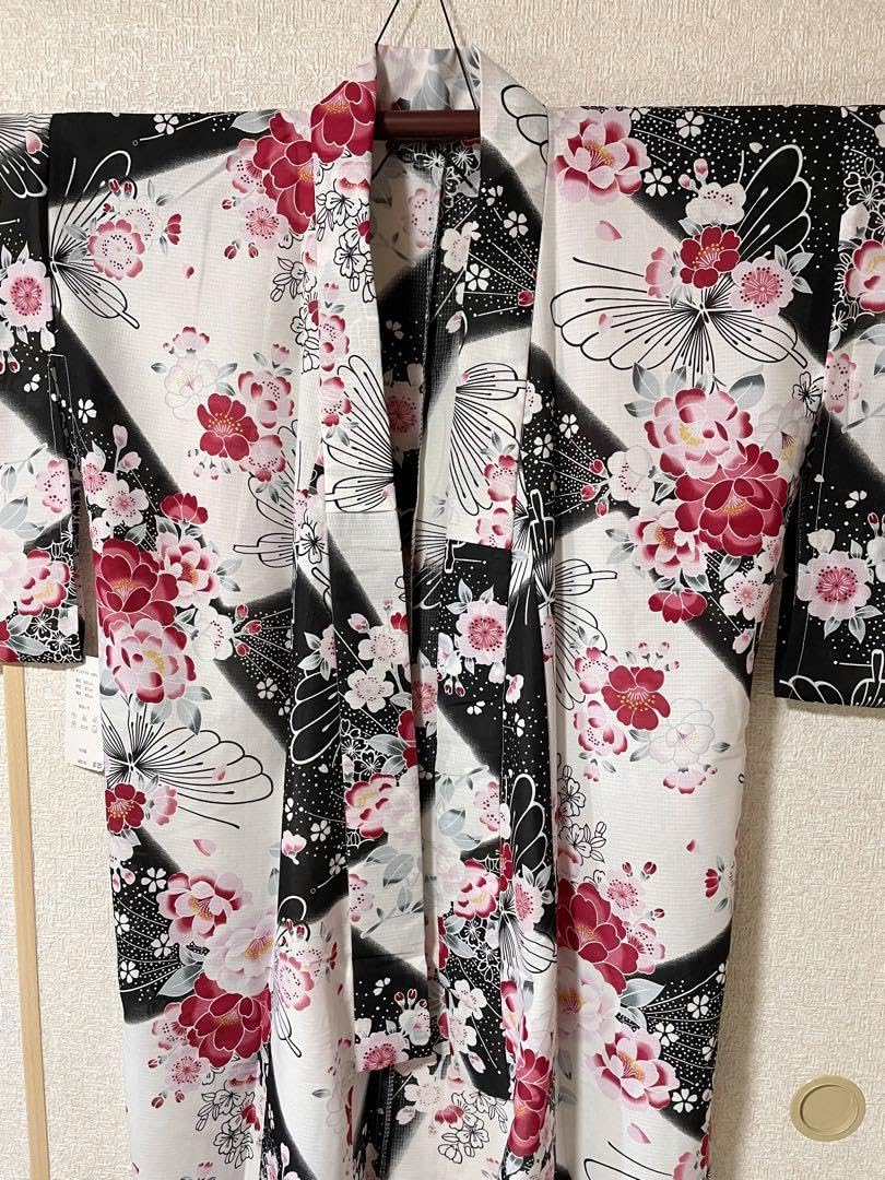 赤地 蝶模様 浴衣 153〜170cm 二部式浴衣/牡丹と蝶(赤)＆帯セット| gekkabizin(月下美人