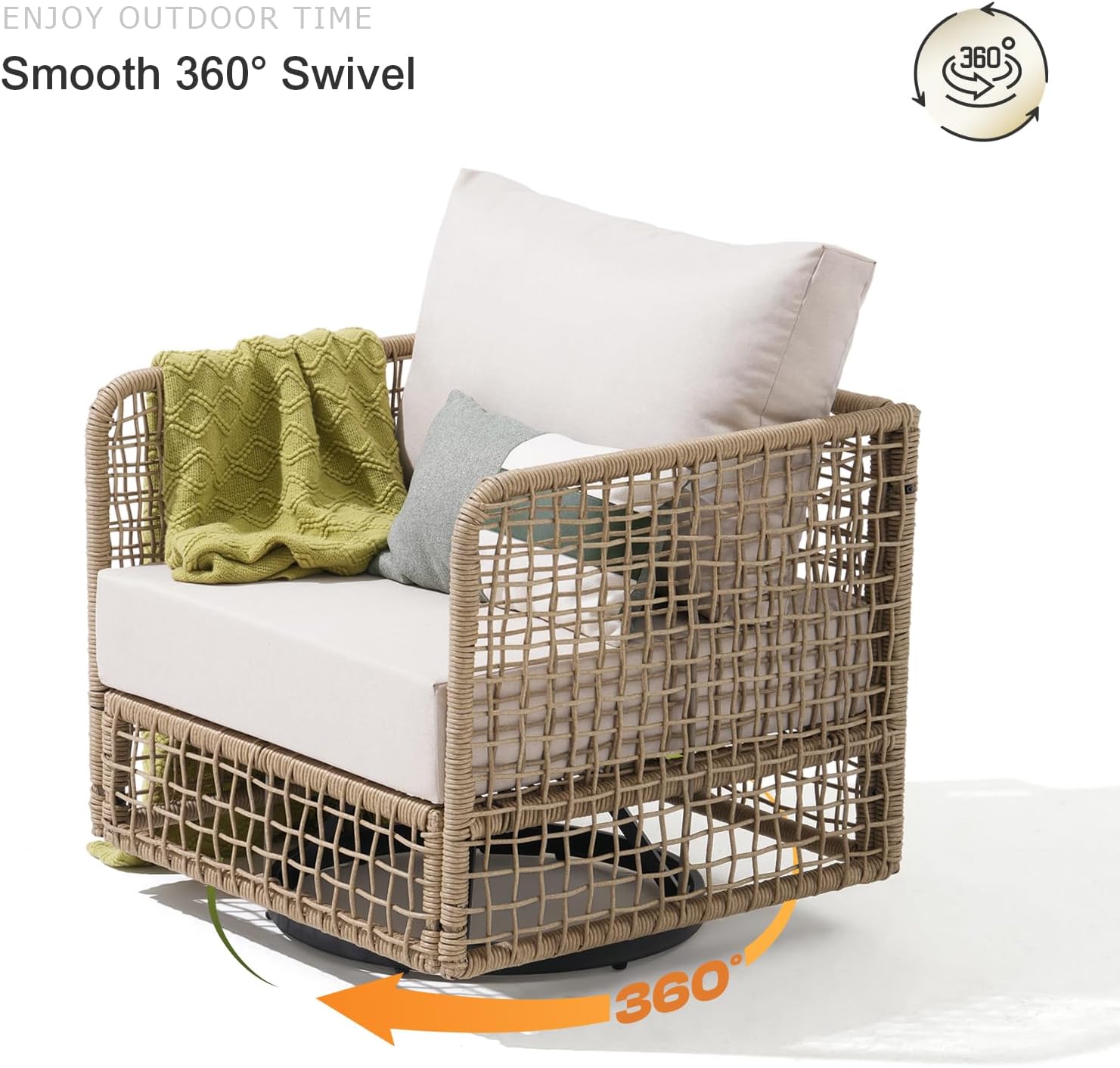 SUNSITT Outdoor Swivel Rocker Chair Set of 2, Open Weave Wicker Swivel Rocking Chairs with 5.5-in Thick Cushions, Modern Rattan Patio Furniture for Deck, Porch, Balcony, Backyard, Natural Color