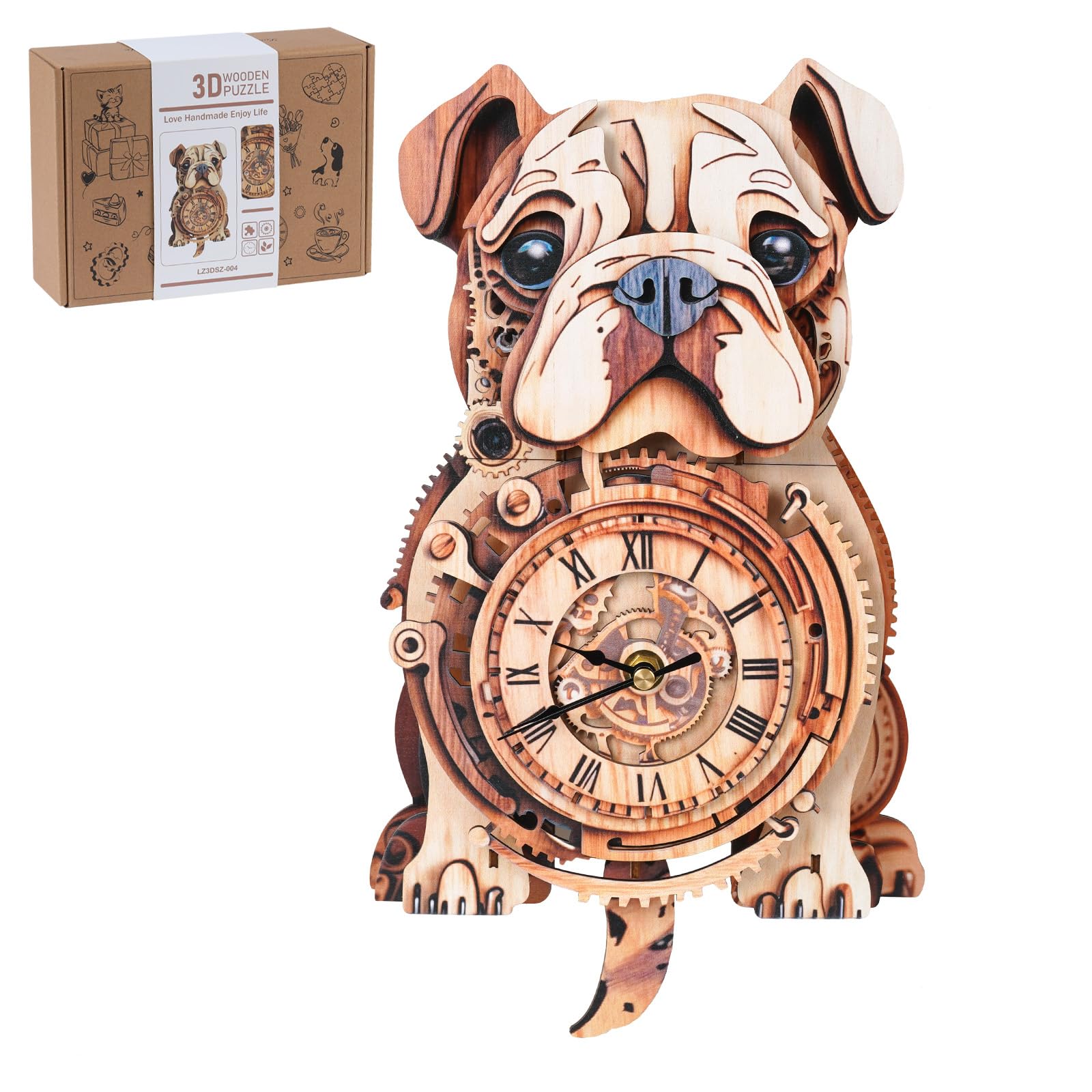 3D Puzzles for Adults-Wooden Bulldog Clock Puzzle DIY Clock Model Kit