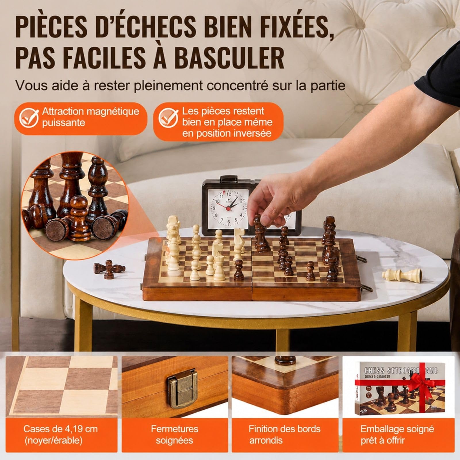 Jeu d'échecs magnétique en Bois, Ensemble 2 en 1 échecs et Dames, échiquier Pliable pour Voyage et soirée Jeux