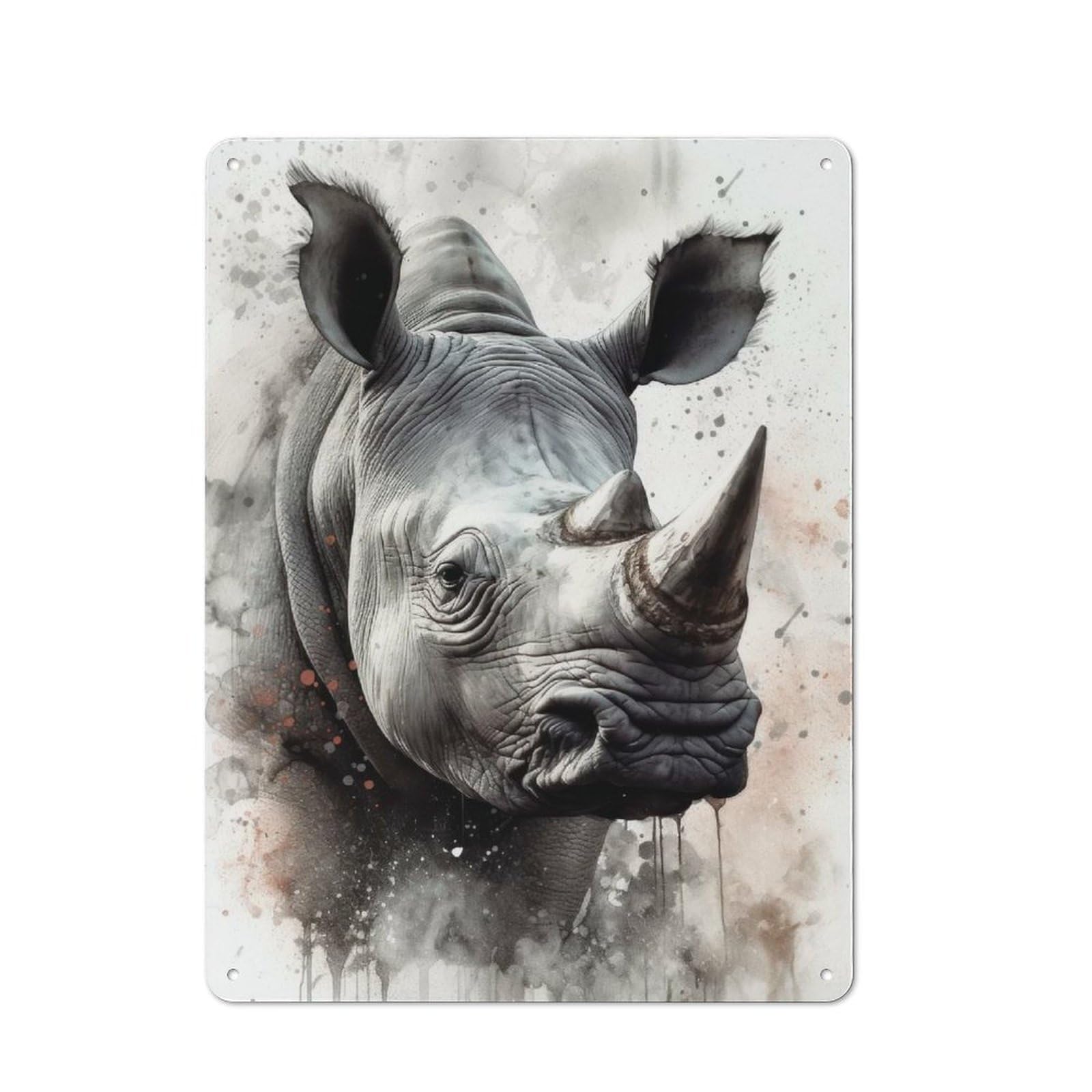 Junmoney Rhinoceros Watercolor Tin Sign 40X30cm With For Bar Or Restaurant, Retro Decor, For Garage, Workshop And Man Cave Decoration